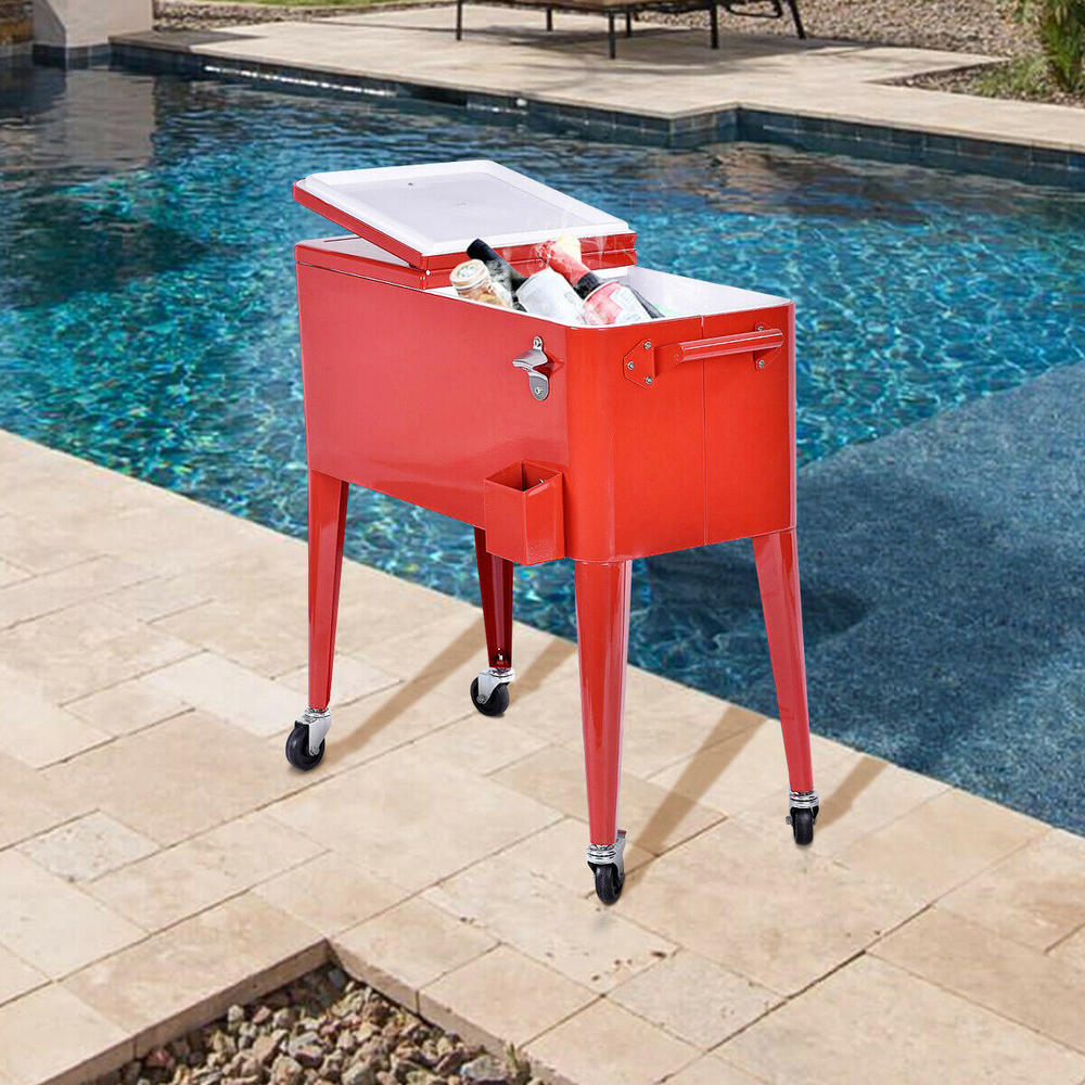 Costway Red Outdoor Patio 80 Quart Cooler Cart Ice Beer Beverage Chest Party Portable