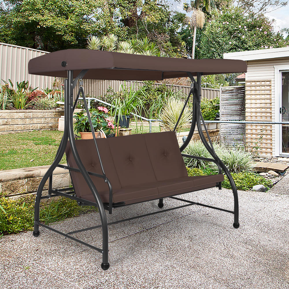 Costway Converting Outdoor Swing Canopy Hammock 3 Seats Patio Deck Furniture Brown