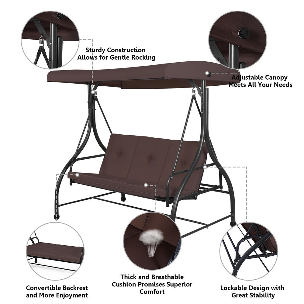 Costway Converting Outdoor Swing Canopy Hammock 3 Seats Patio Deck Furniture Brown