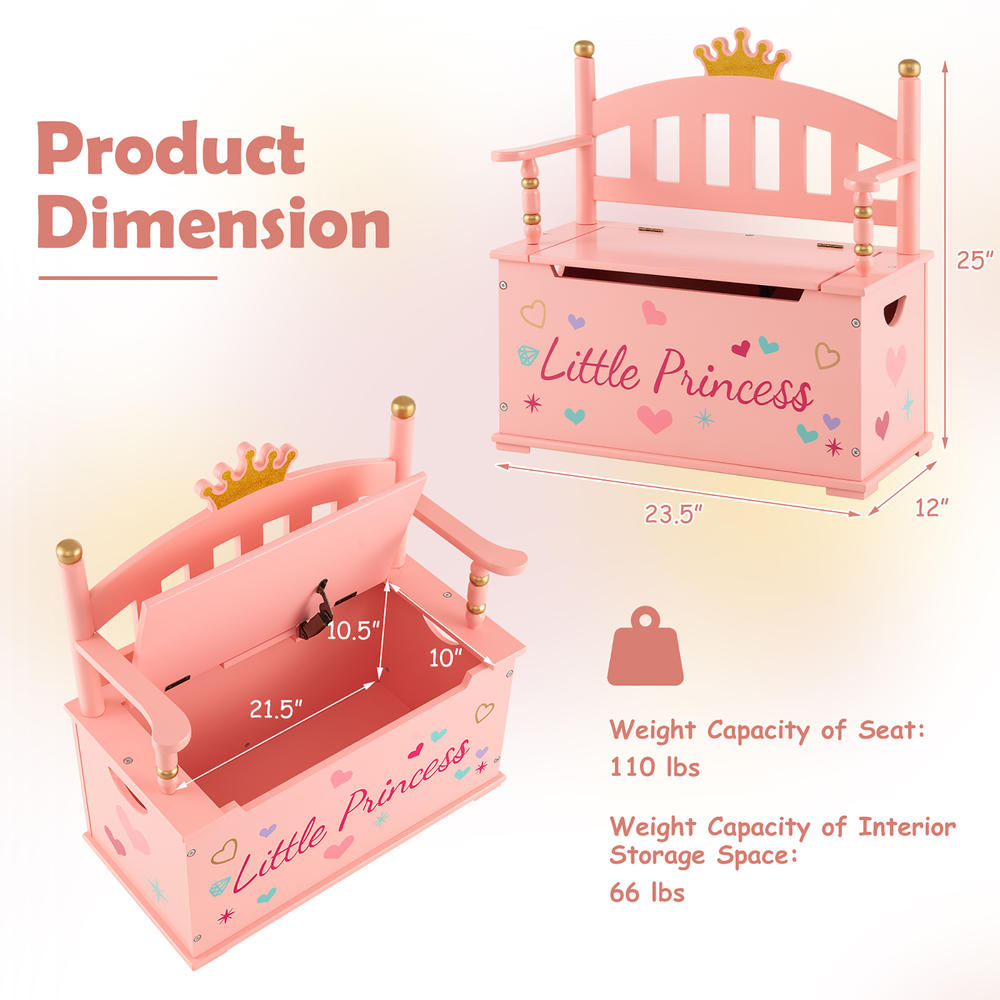 Costway Kids Princess Wooden Bench Seat Toy Box Storage Organizer Children Playroom Pink
