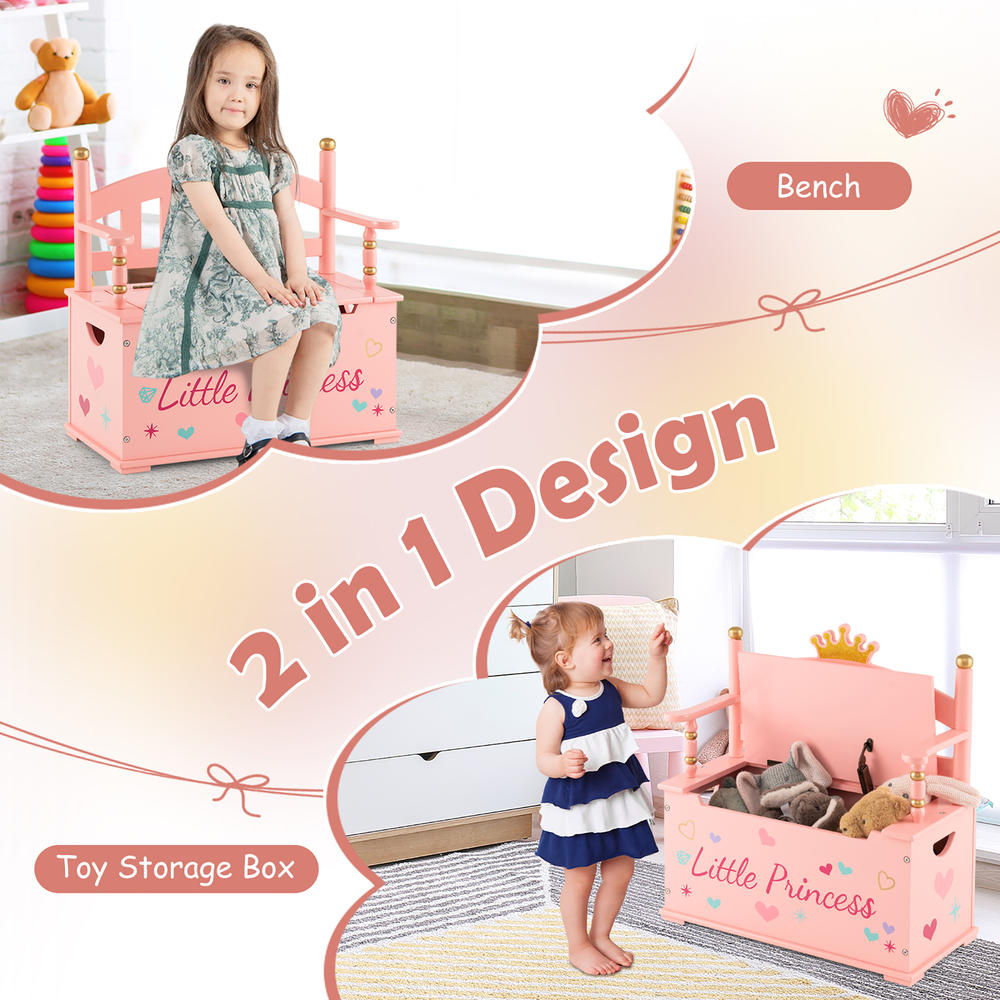 Costway Kids Princess Wooden Bench Seat Toy Box Storage Organizer Children Playroom Pink