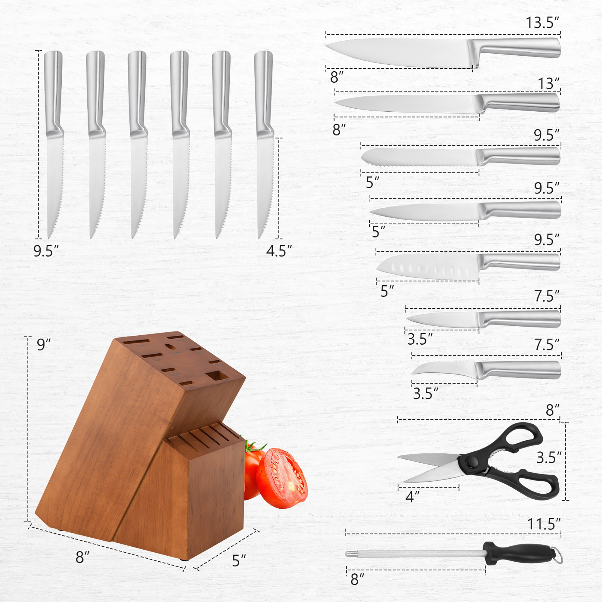 Costway 16-Piece Kitchen Knife Set Stainless Steel Knife Block Set w/ Sharpener