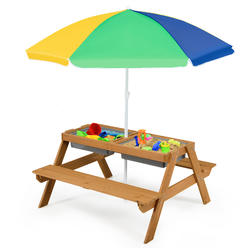 Costway 3-in-1 Kids Picnic Table Wooden Outdoor Sand & Water Table w/Umbrella Play Box es