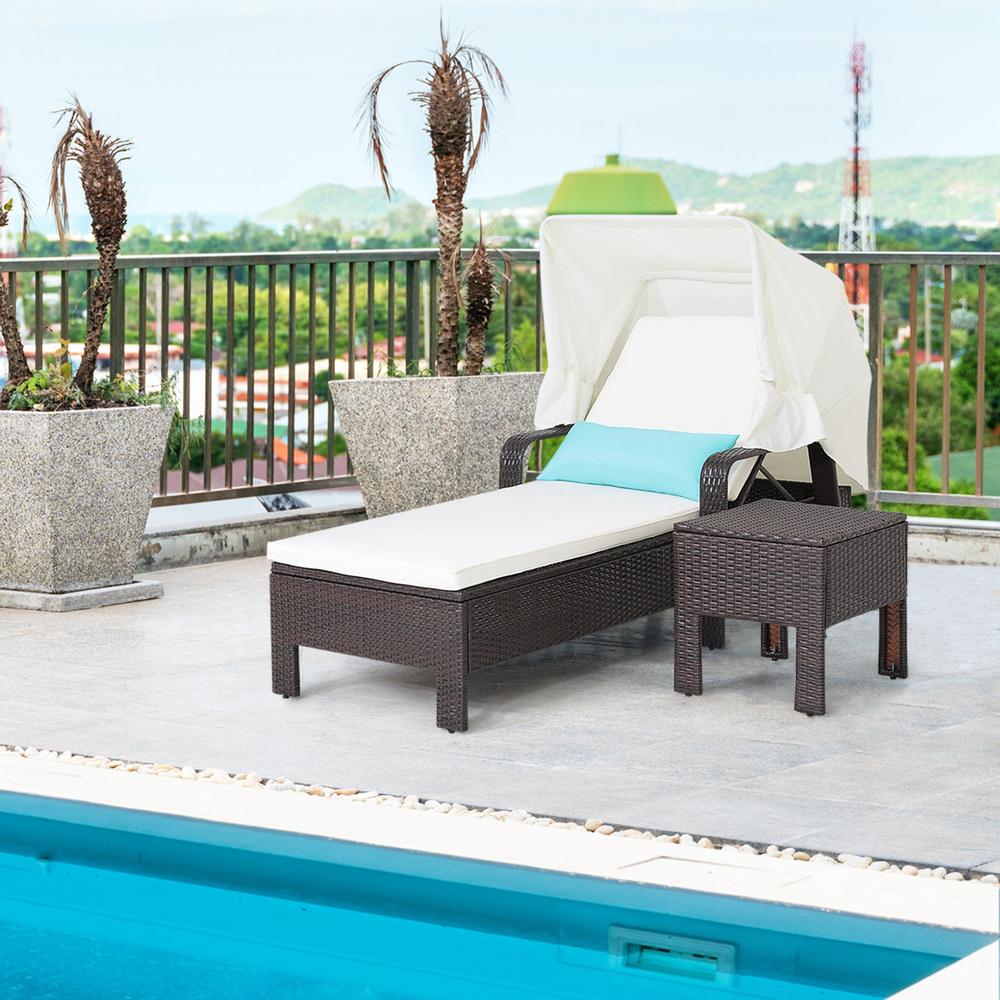 Costway 2PCS Patio Rattan Lounge Chair Chaise with Side Table Folding Canopy Cushion Pillow