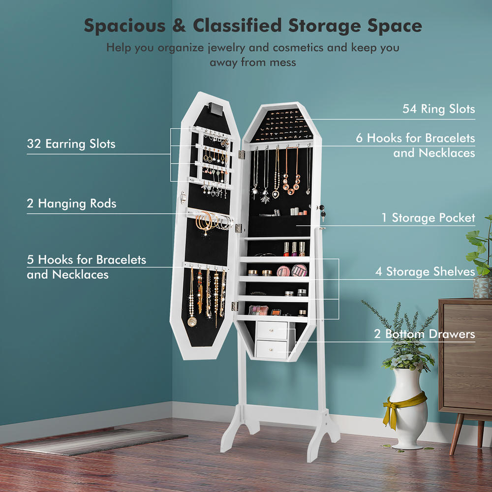 Costway Standing Jewelry Cabinet Armoire Organizer LED Light Mirror Lockable White