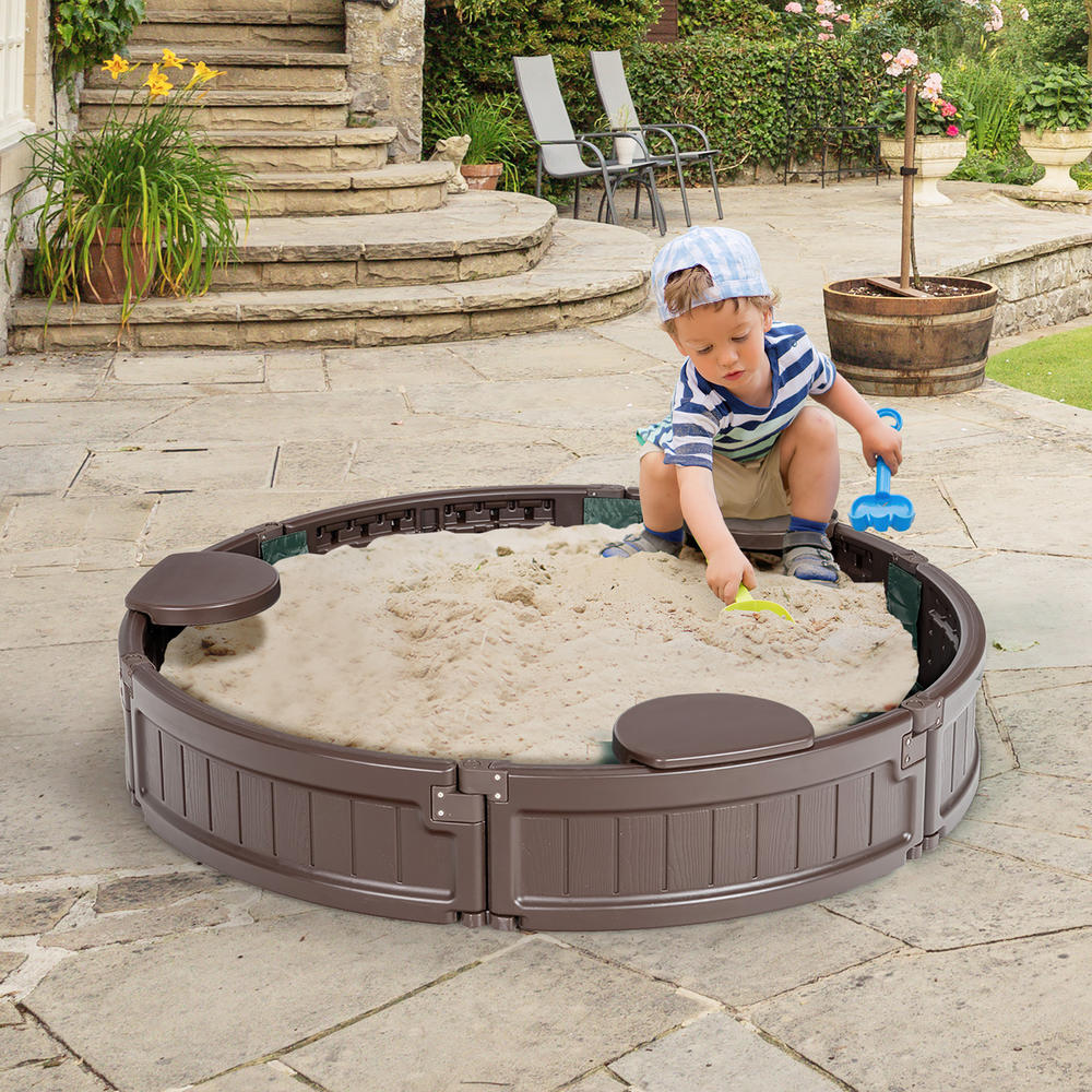 Costway 4F Wooden Sandbox w/Built-in Corner Seat, Cover, Bottom Liner for Outdoor Play