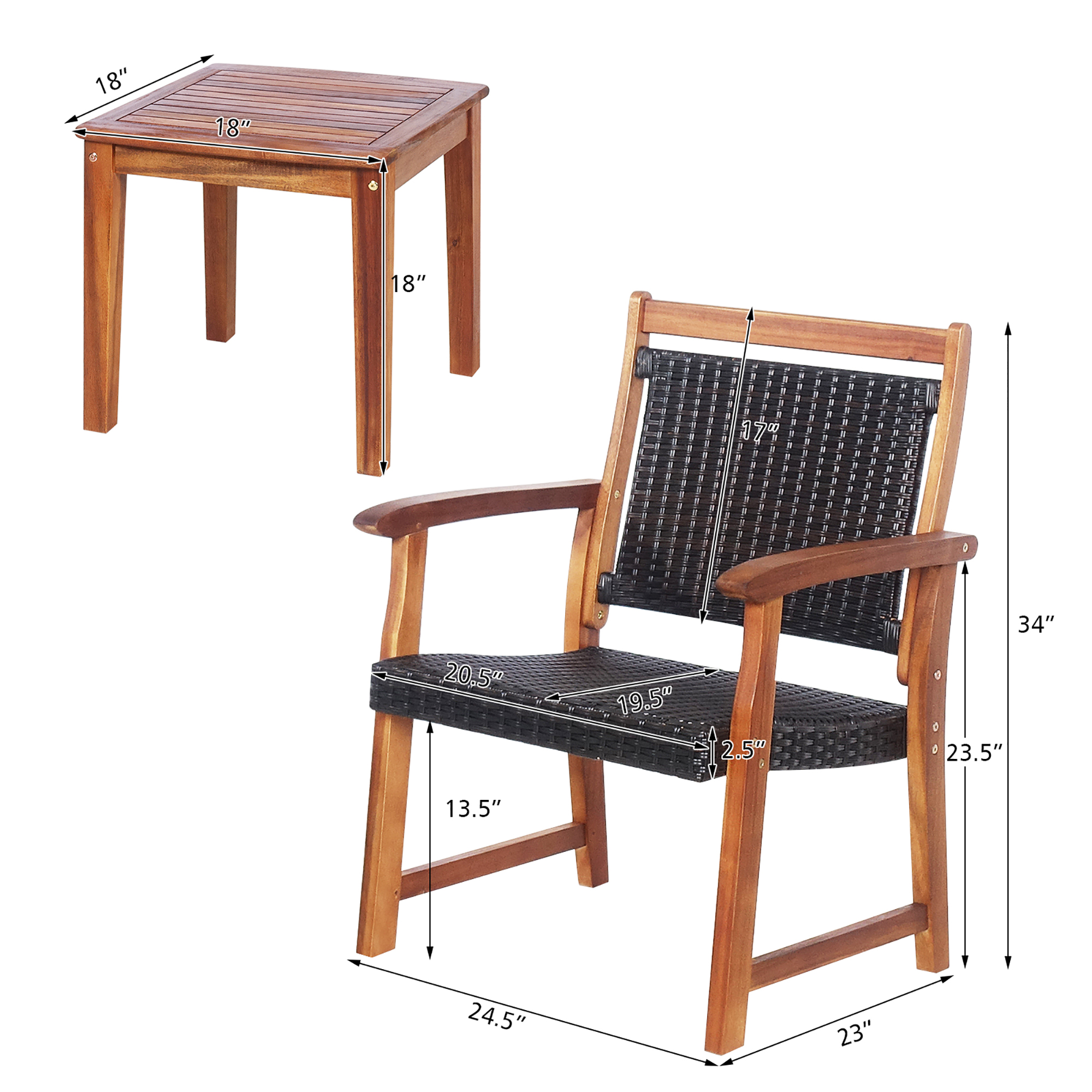 Costway 3PCS Patio Rattan Bistro Set Acacia Wood Frame Armrest Chairs Garden