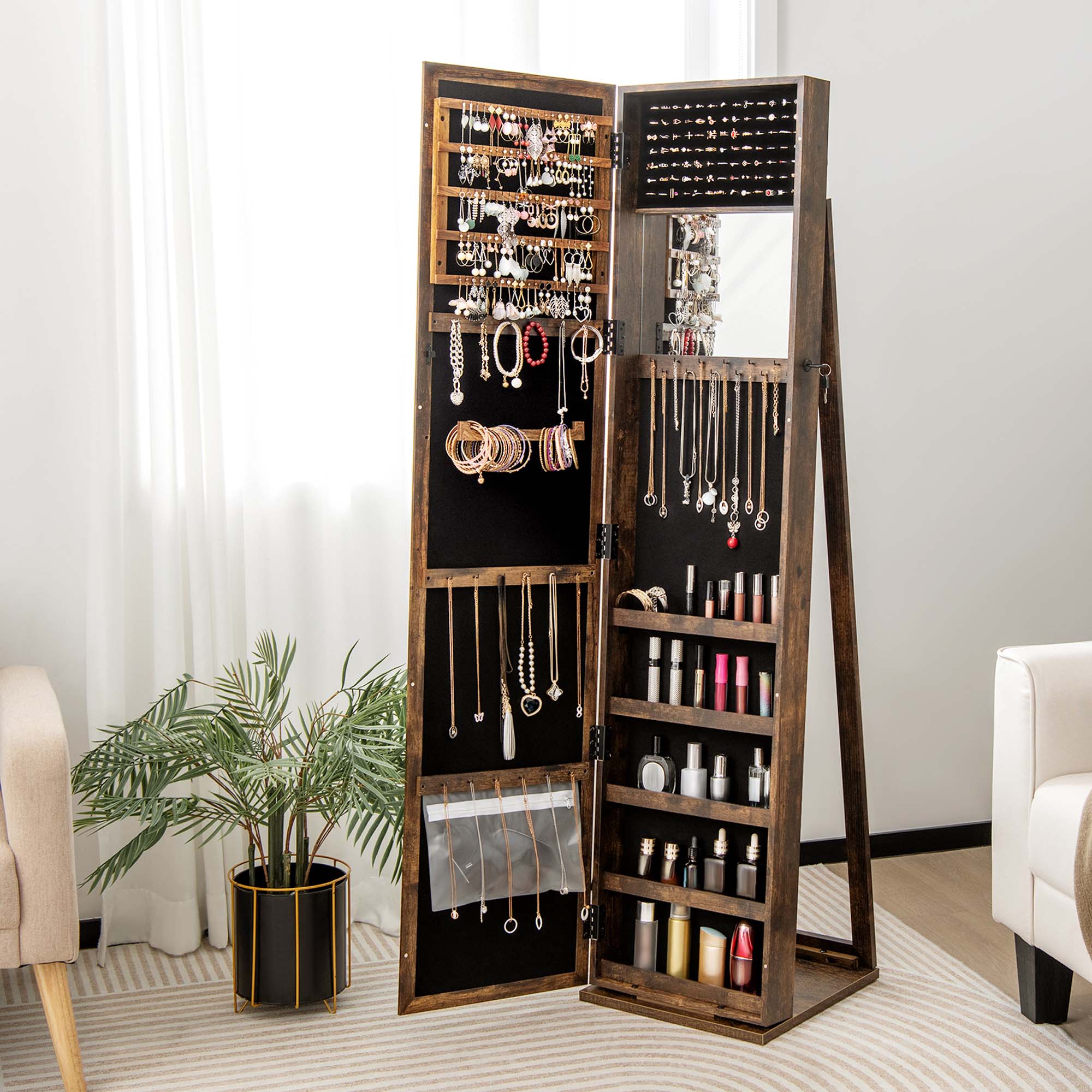 Costway Mirrored Jewelry Cabinet Armoire Lockable Standing Storage Organizer with Shelf