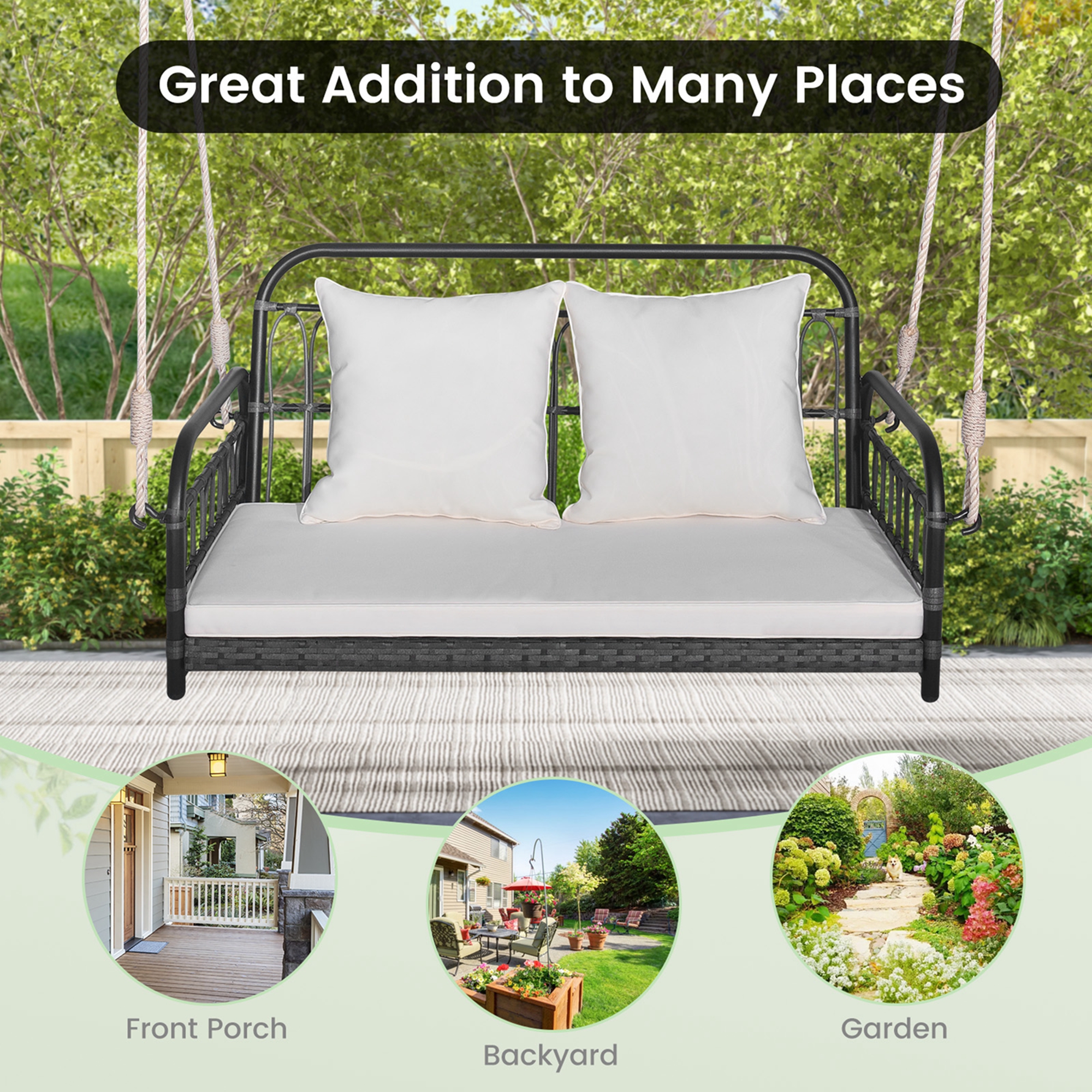 Costway Patio Swing Chair 2-Person Hanging Seat Outdoor Wicker Loveseat Cushioned Porch