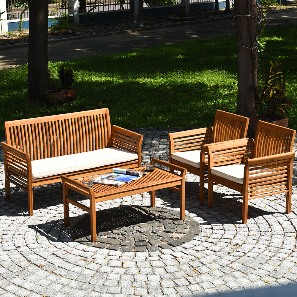 Costway 4 PCS Outdoor Acacia Wood Sofa Furniture Set Cushioned Chair Coffee Table Garden
