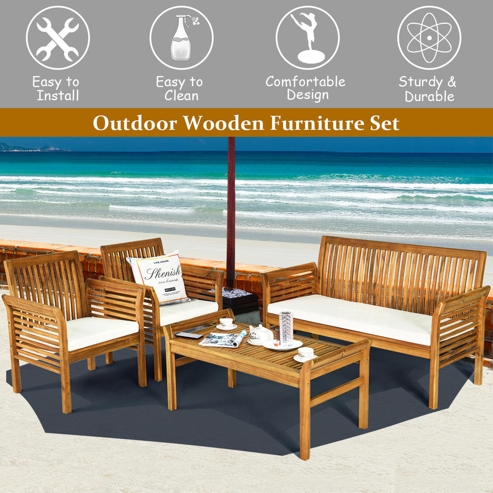 Costway 4 PCS Outdoor Acacia Wood Sofa Furniture Set Cushioned Chair Coffee Table Garden