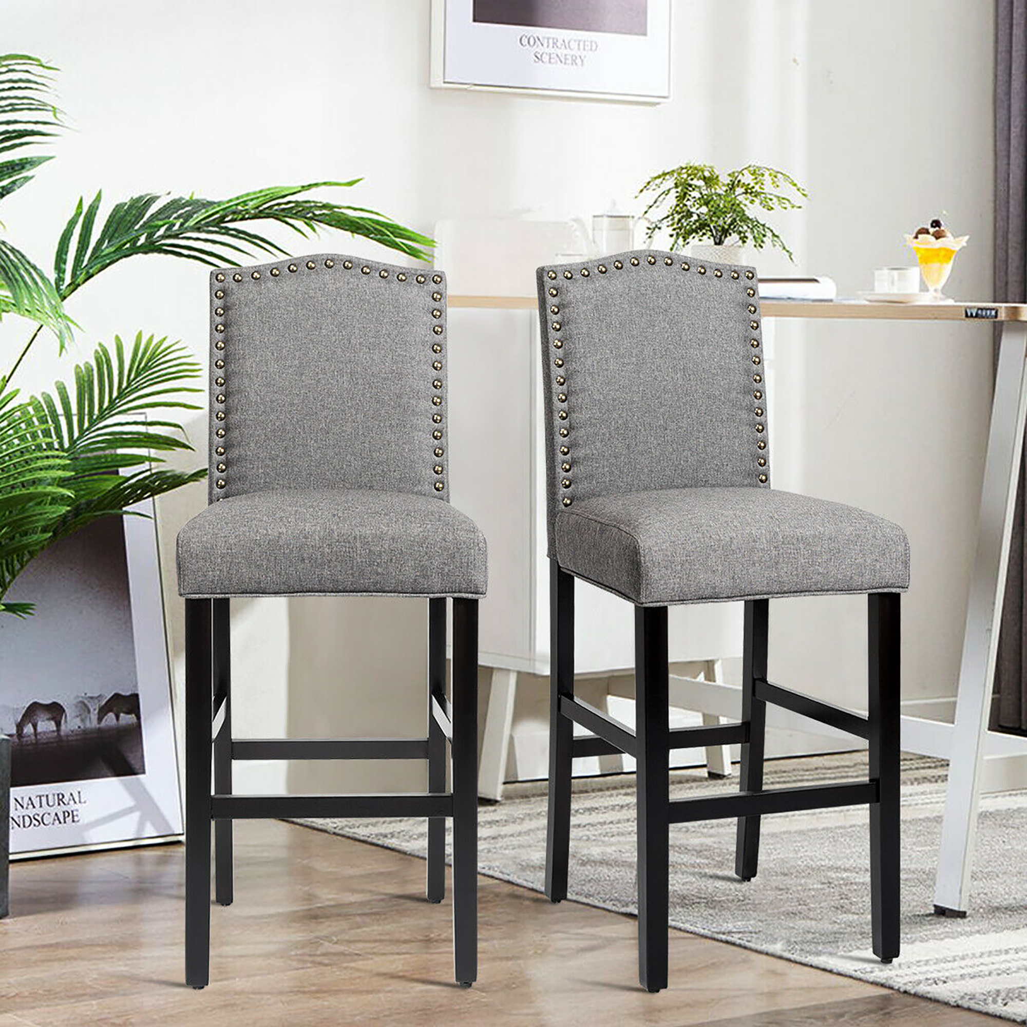 Costway Set of 2 Bar Stools 30'' Upholstered Kitchen Rubber Wood Full Back Chairs Gray