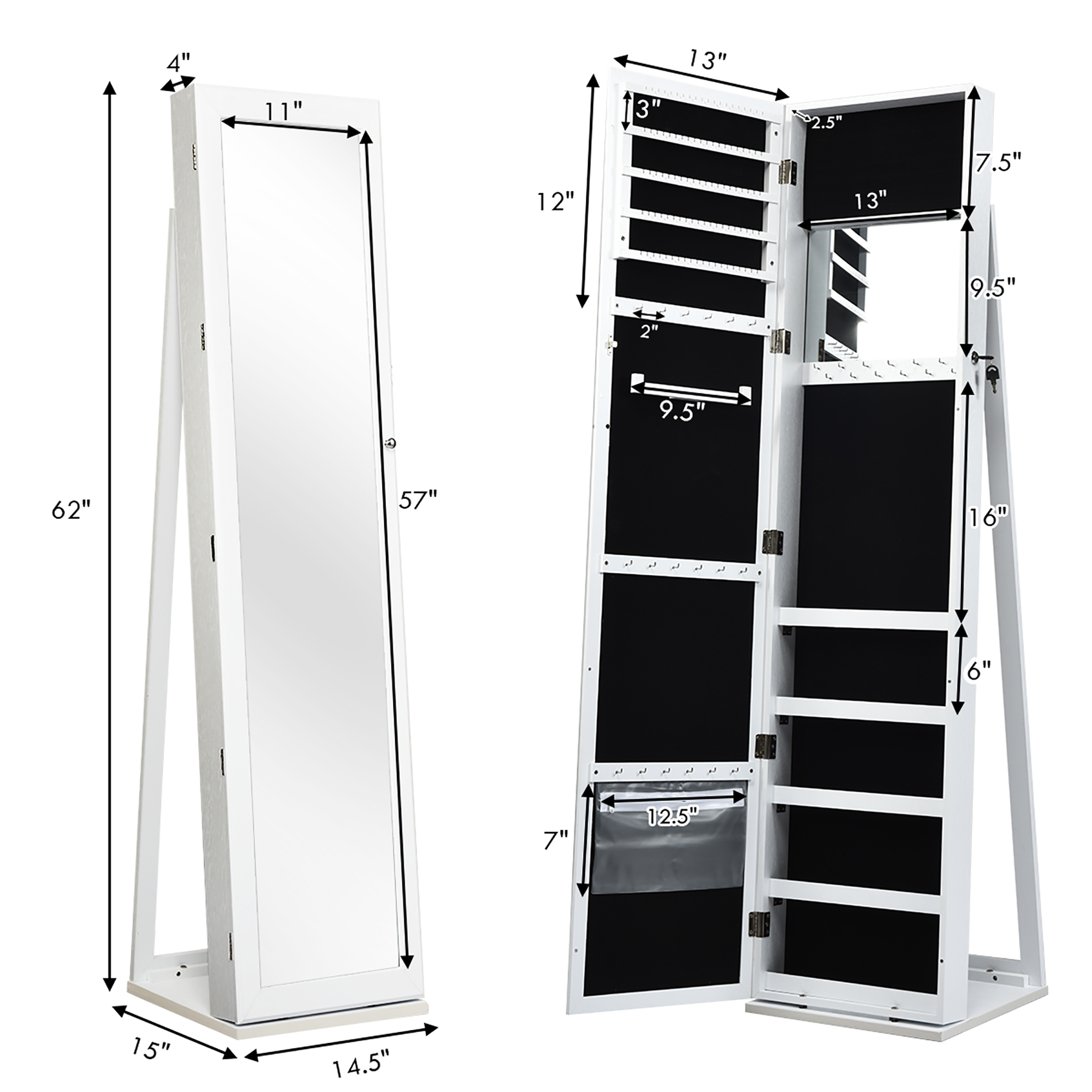 Costway Mirrored Jewelry Cabinet Lockable Standing Storage Organizer W/ Shelf