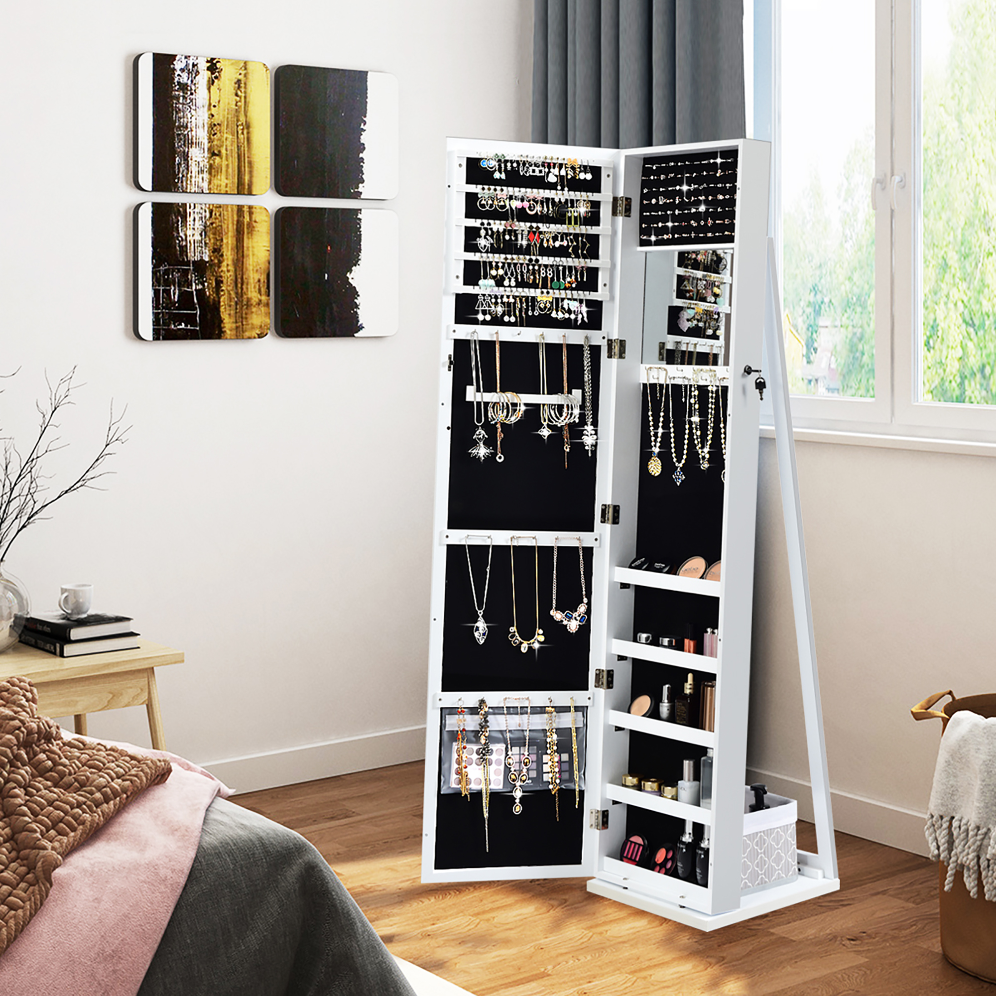 Costway Mirrored Jewelry Cabinet Lockable Standing Storage Organizer W/ Shelf