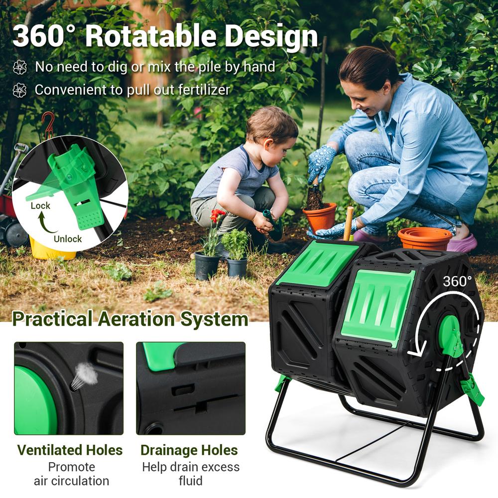 Costway Dual Chamber Compost Tumbler Outdoor Rotating Chamber Compost Bin 34.5 Gallon