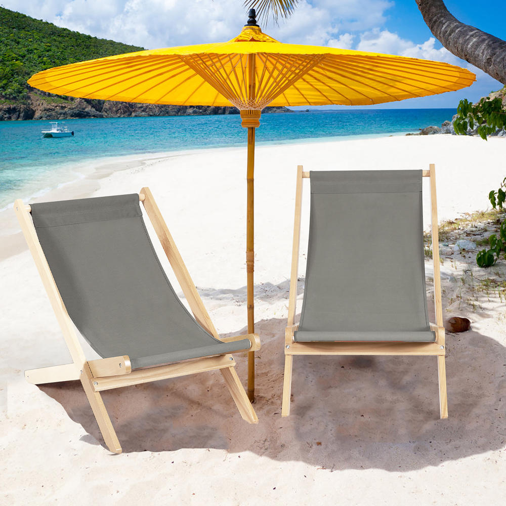 Costway Foldable Wood Beach Sling Chair 3-Position Adjustable Beech Chair w/Free Cushion