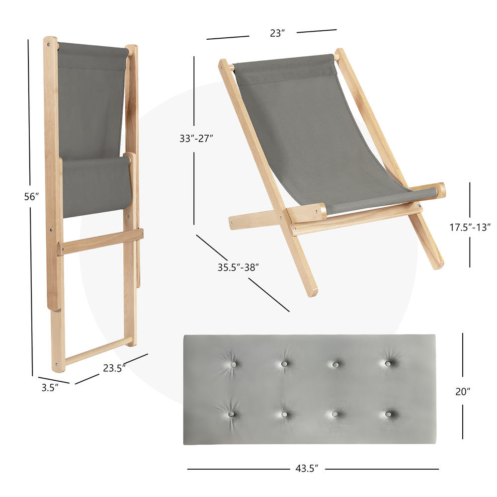 Costway Foldable Wood Beach Sling Chair 3-Position Adjustable Beech Chair w/Free Cushion