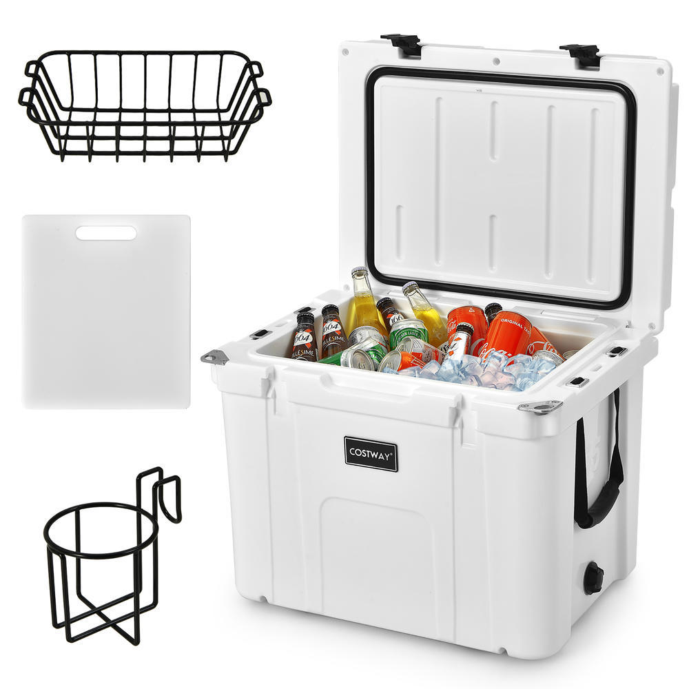 Costway 55 Quart Cooler Portable Ice Chest w/ Cutting Board Basket for Camping White