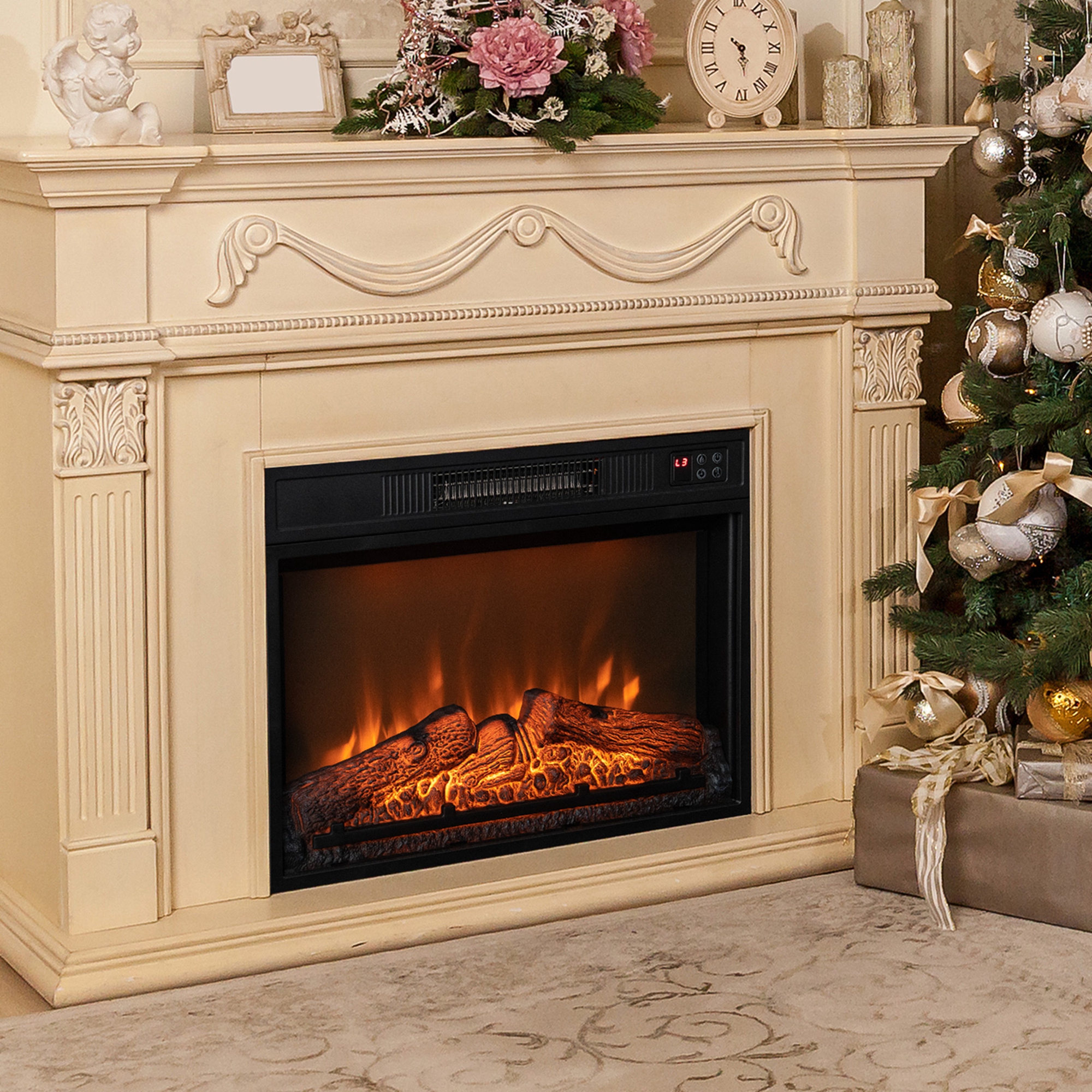 Costway 23" Electric Fireplace Insert Heater w/ Log Flame Effects Remote Control 1400W