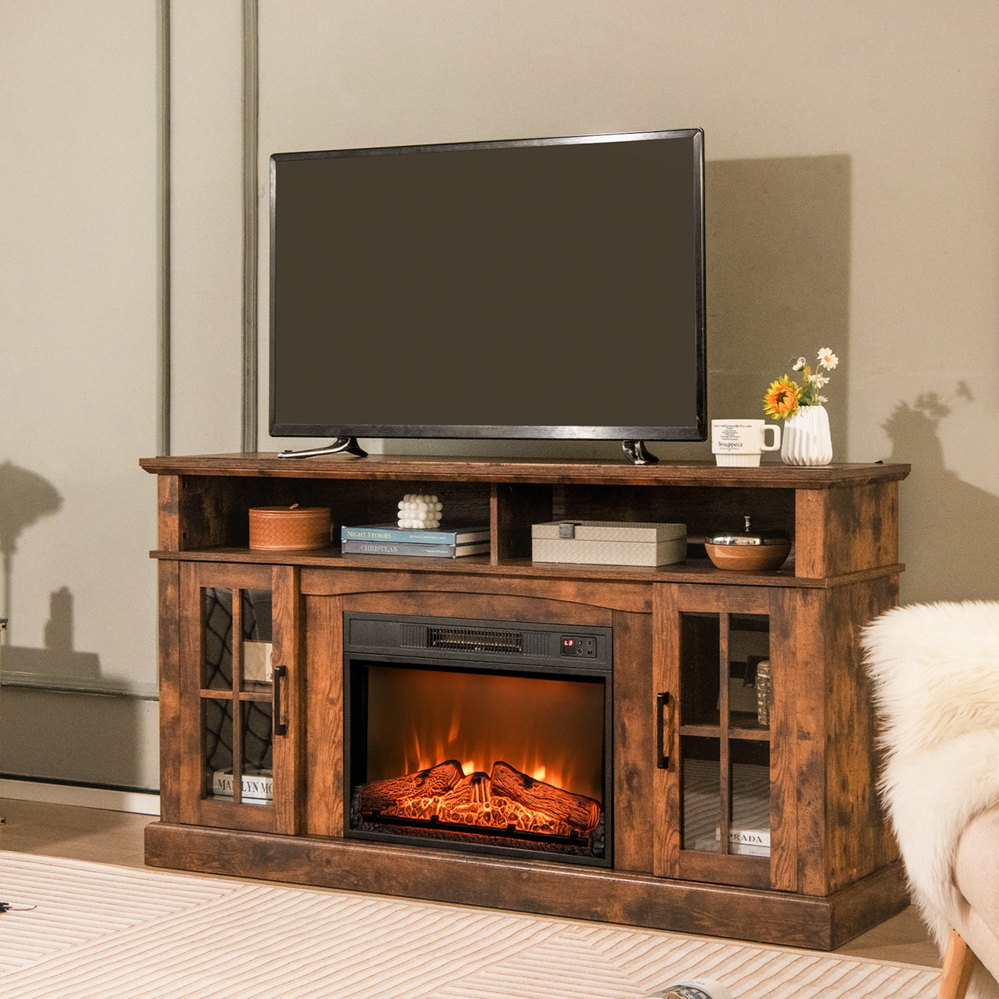 Costway 23" Electric Fireplace Insert Heater w/ Log Flame Effects Remote Control 1400W