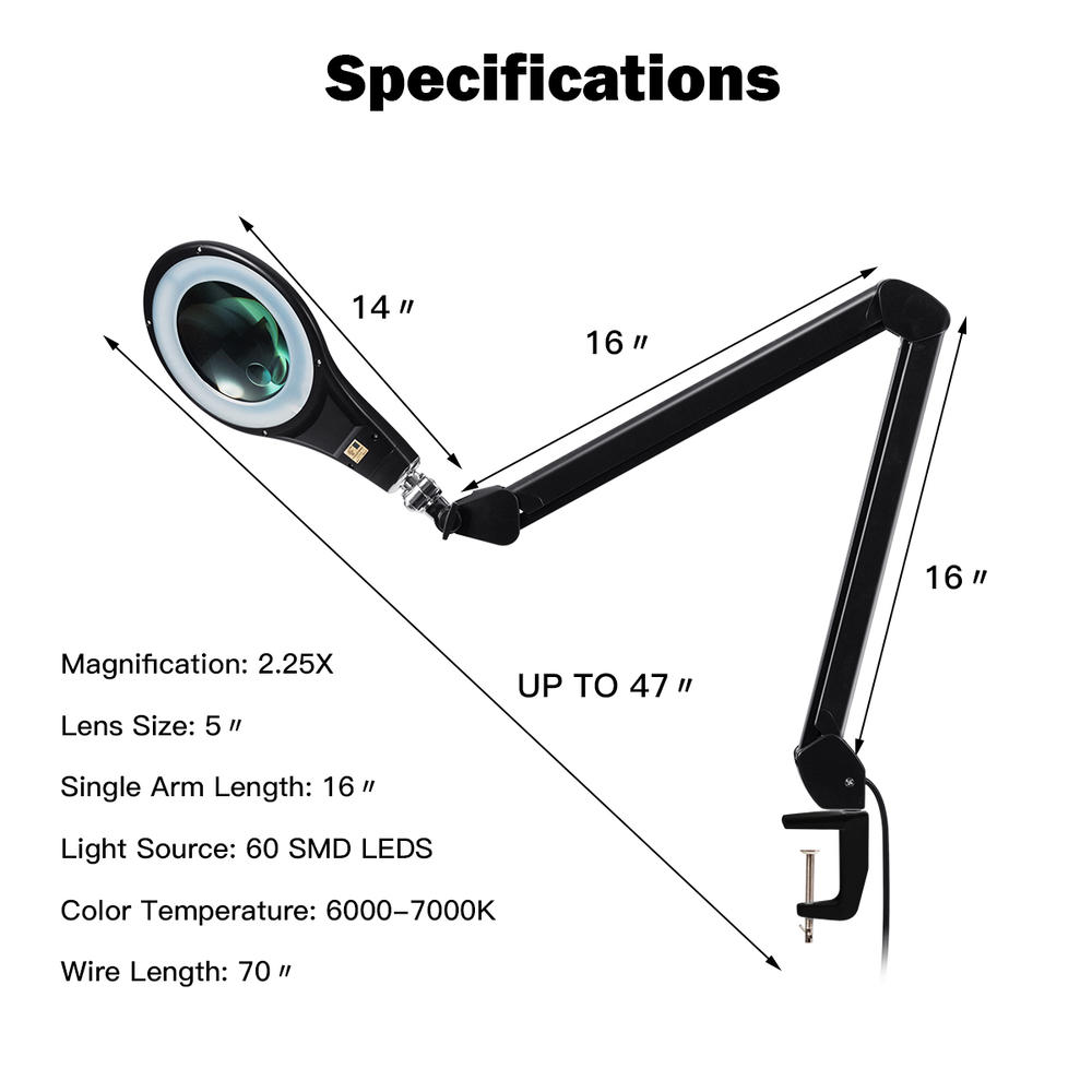 Costway LED Magnifying Glass Desk Lamp w/ Swivel Arm & Clamp 2.25x Magnification Black