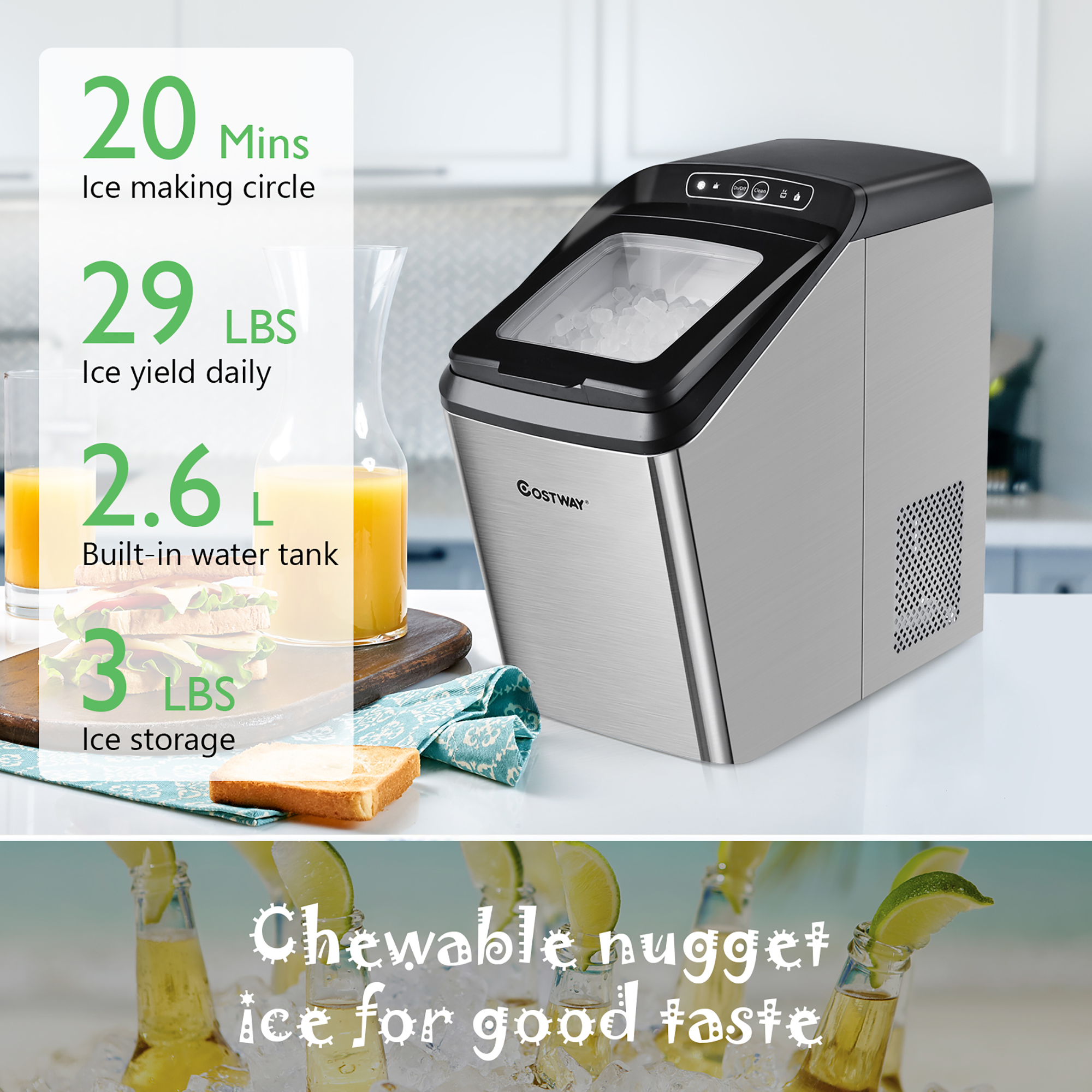 Costway Nugget Ice Maker Machine Countertop Chewable Ice Maker 29lb/Day Self-Cleaning