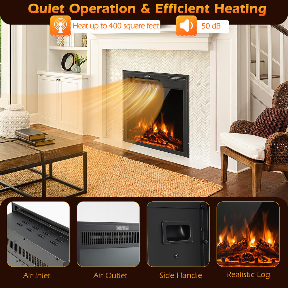 Costway 22.5'' Electric Fireplace Heater Inserts Recessed Ultra Thin Log Flame 1500W