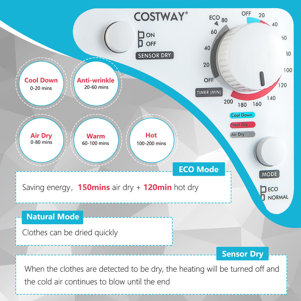 Costway 1500W Electric Tumble Compact Laundry Dryer Stainless Steel Tub 13.2 lbs