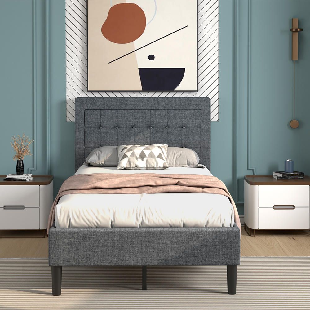Costway Twin Size Upholstered Bed Frame Button Tufted Headboard Mattress Foundation Grey