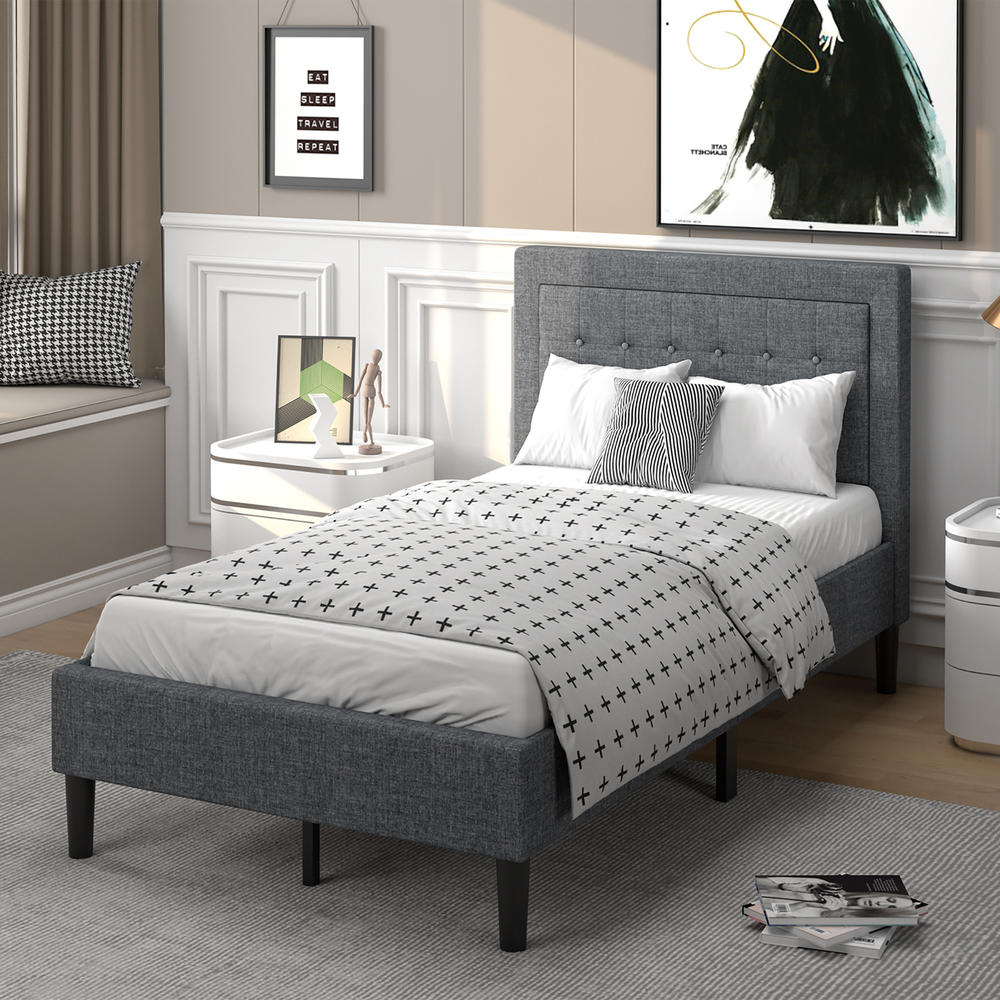 Costway Twin Size Upholstered Bed Frame Button Tufted Headboard Mattress Foundation Grey
