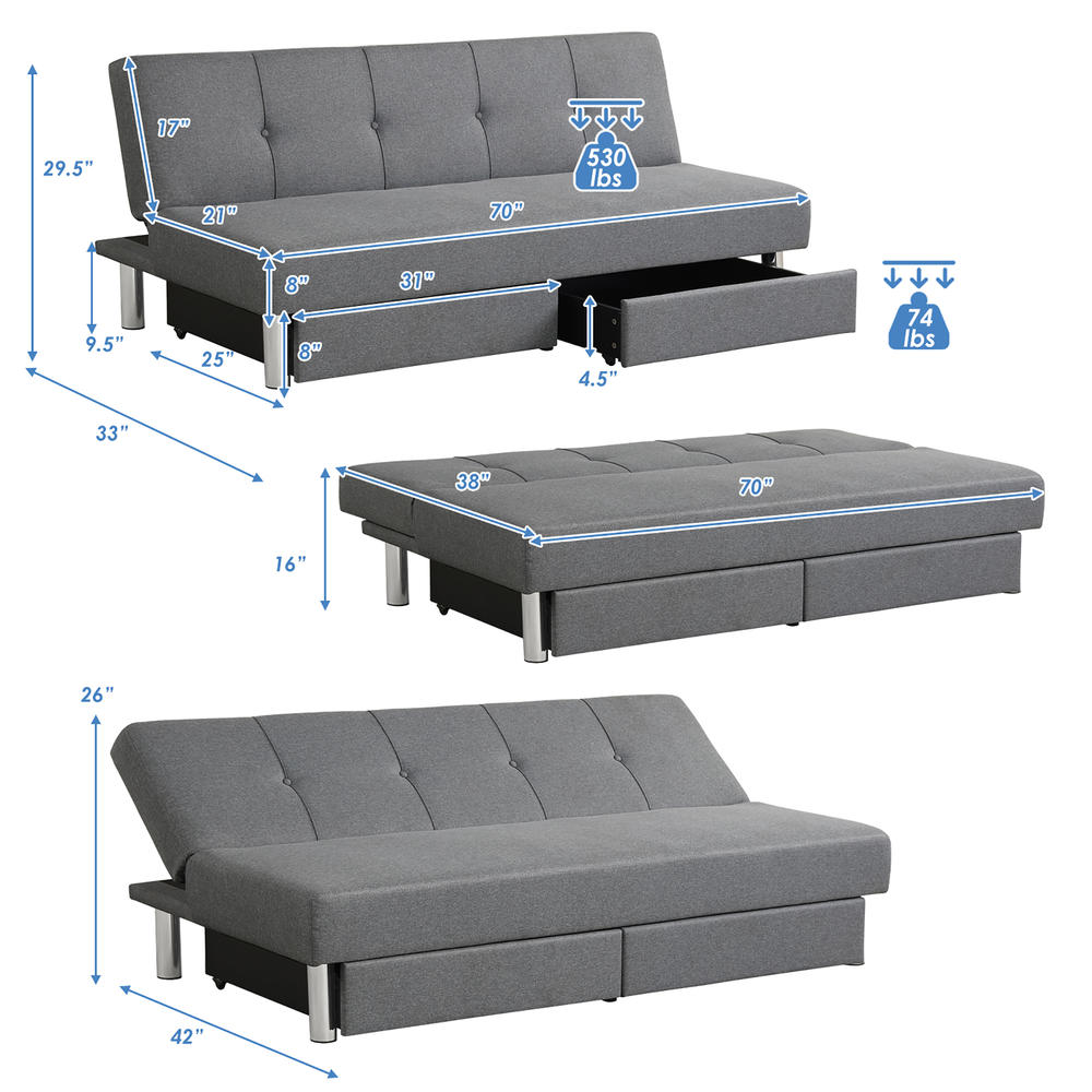 Costway Convertible Futon Sofa Bed Adjustable Couch Sleeper w/ Two Drawers Grey