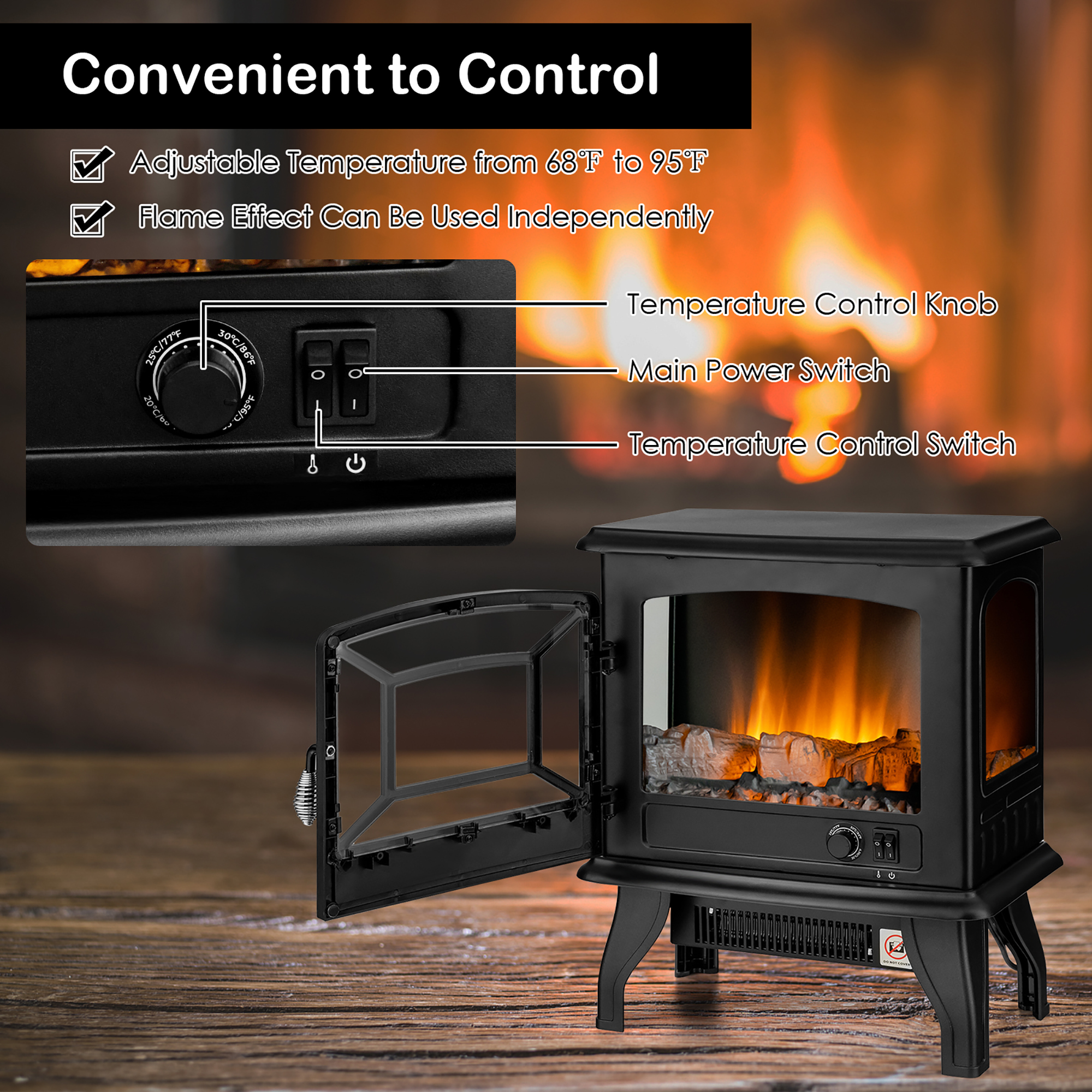 Costway 20''  Freestanding Electric  Fireplace Heater Stove W/ Thermostat & Flame Effect