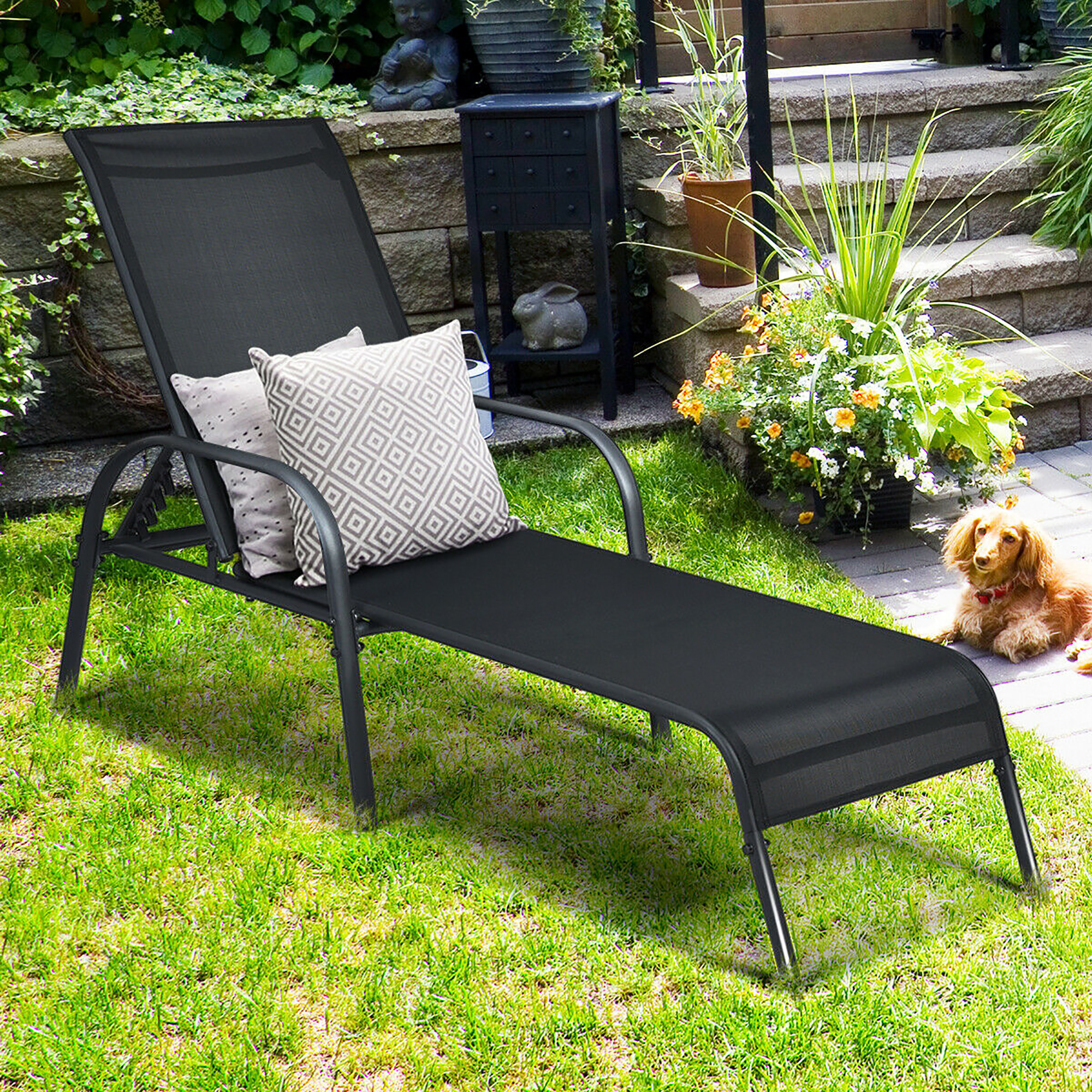 Costway Goplus Patio Chaise Lounge Outdoor Folding Recliner Chair w/ Adjustable Backrest Black