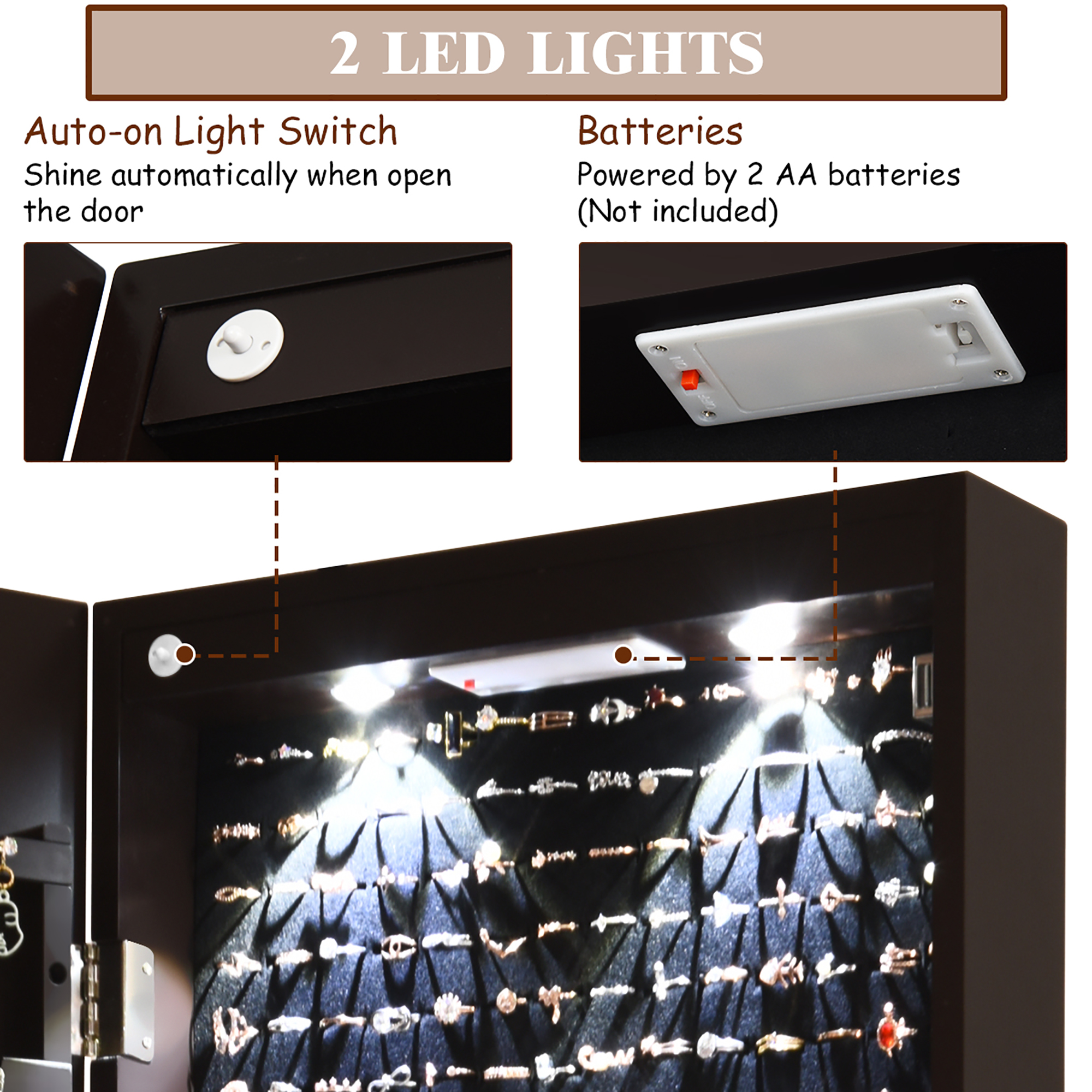 Costway Mirrored Jewelry Cabinet Jewelry Organizer w/2 LED Lights Brown