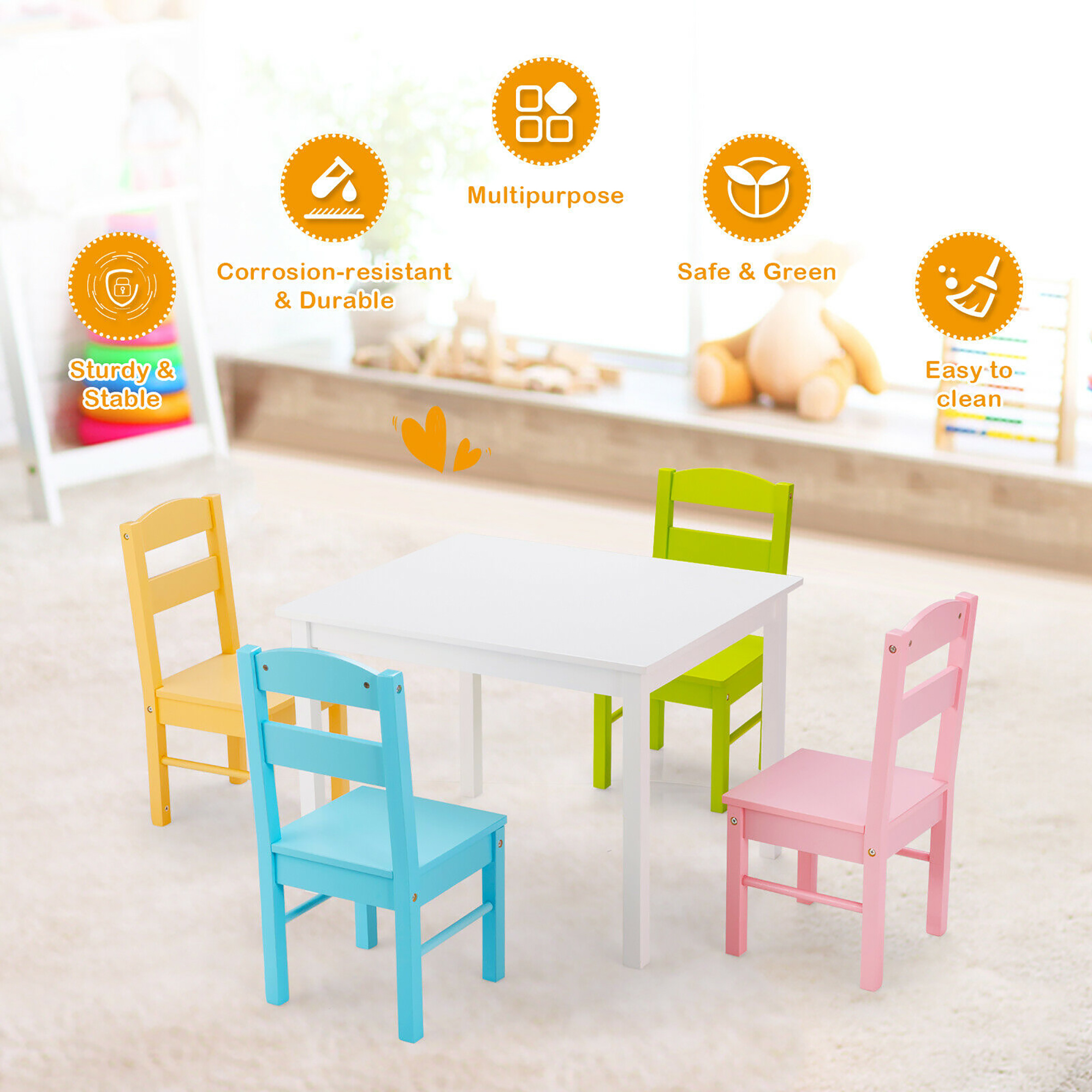 Costway 5 Piece Kids Wood Table Chair Set Activity Toddler Playroom Furniture Colorful