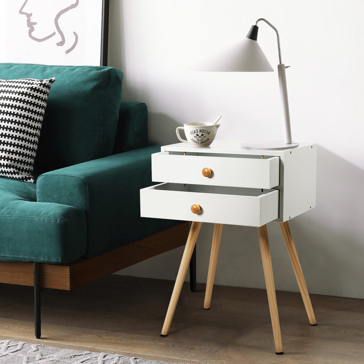 Costway Mid Century Modern 2 Drawers Nightstand In White Sofa Side Table End Table