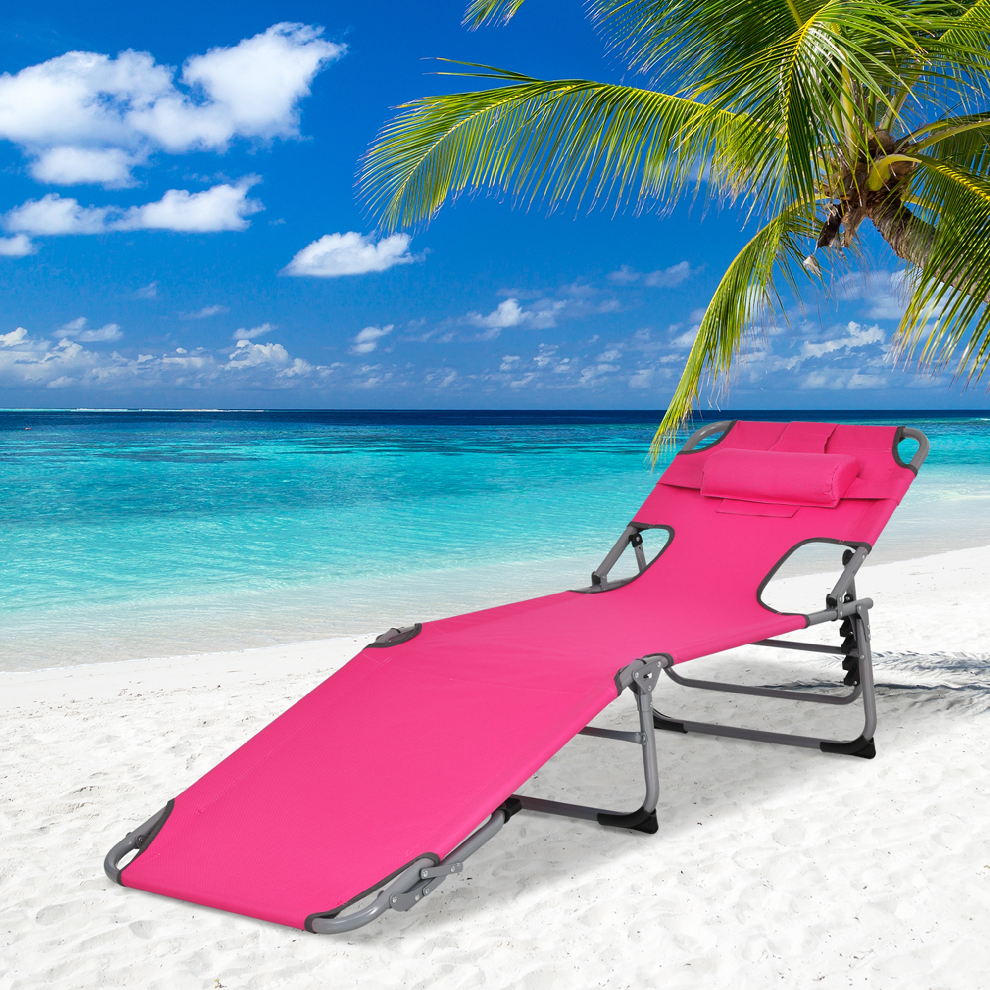 Costway Goplus 2 PCS Outdoor Beach Lounge Chair Folding Chaise Lounge with Pillow Pink
