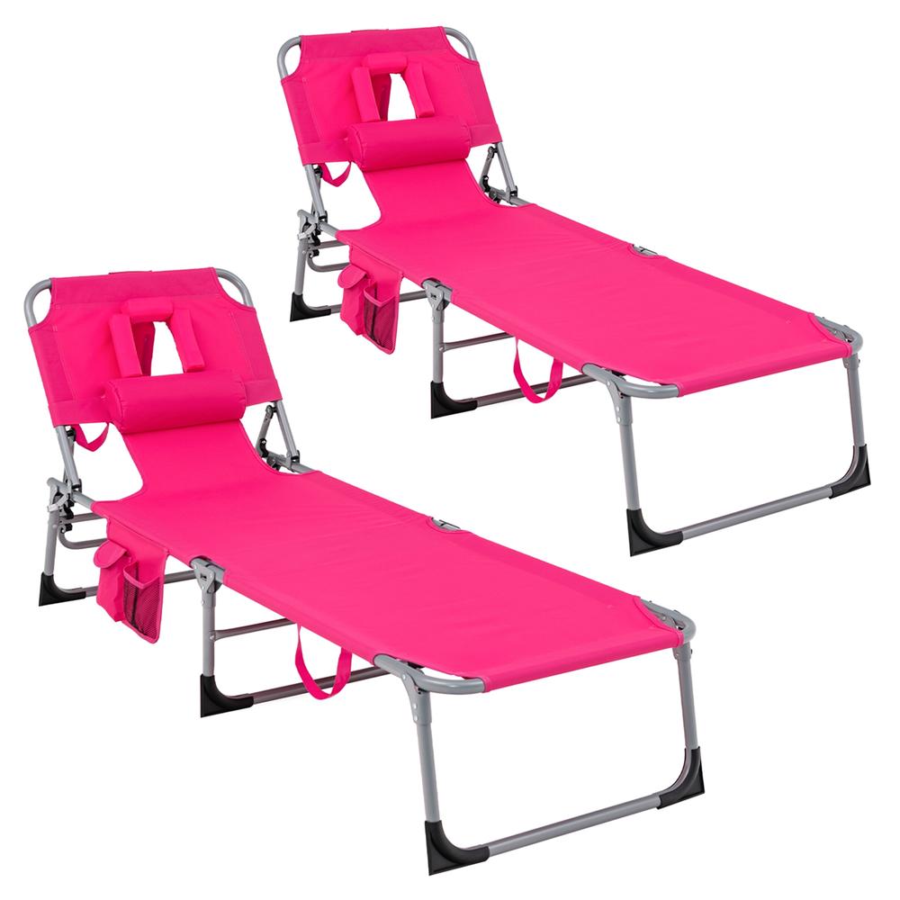 Costway Goplus 2 PCS Outdoor Beach Lounge Chair Folding Chaise Lounge with Pillow Pink
