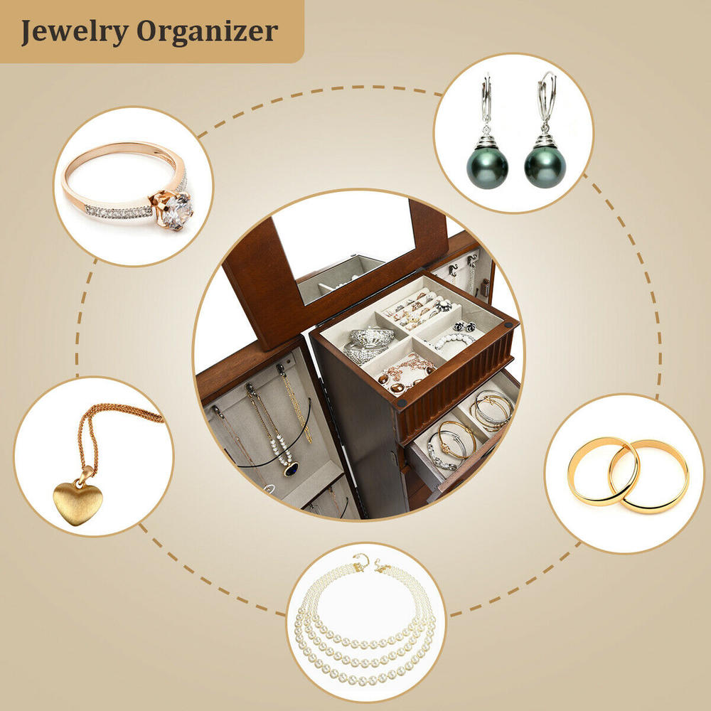 Costway Jewelry Cabinet Storage Chest Stand Organizer Necklace Wood