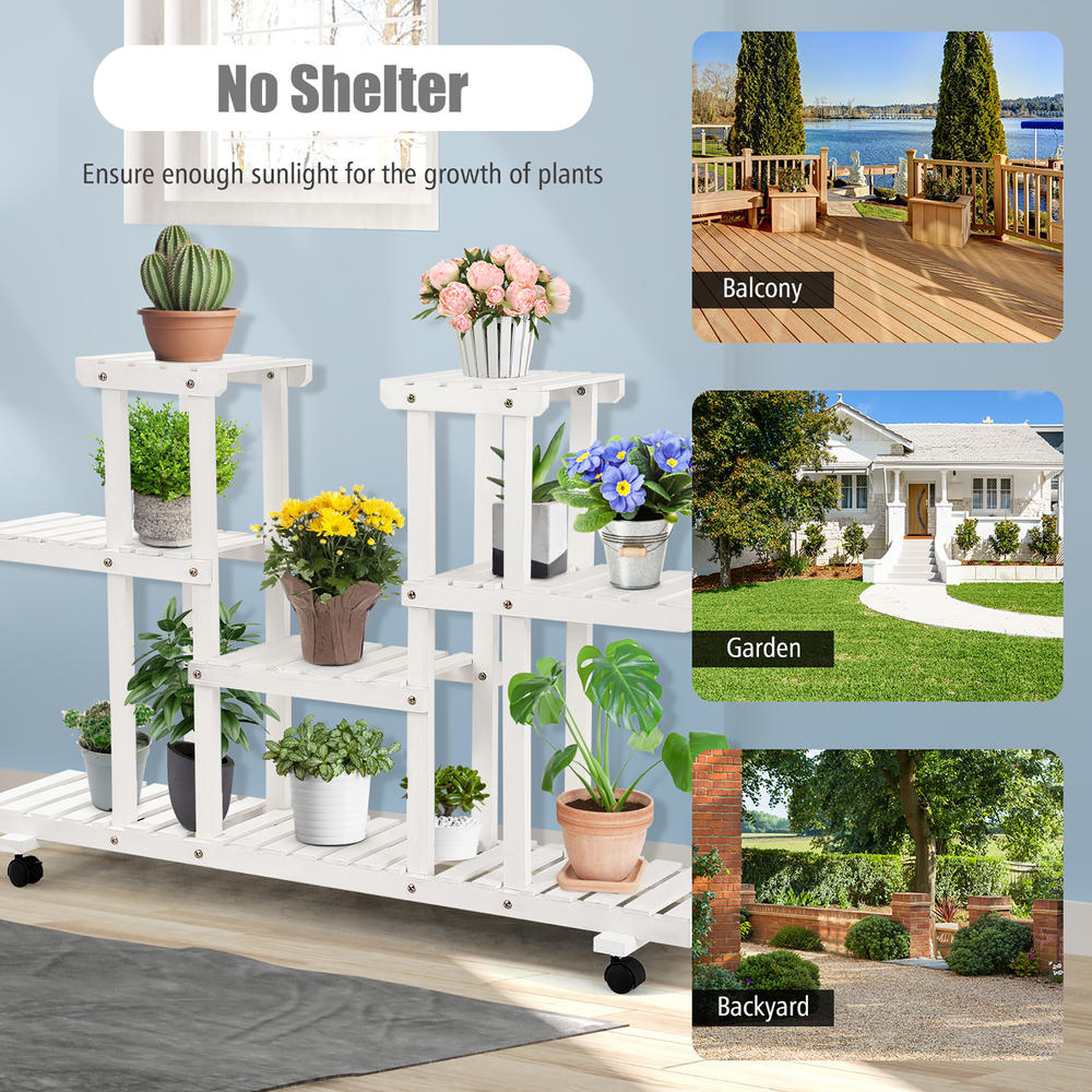 Costway 4-Tier Rolling Flower Rack Wood Plant Stand Casters 12 Pots Bonsai Display Shelf