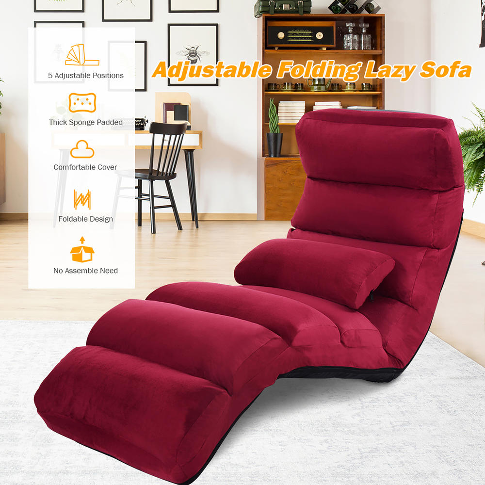 Costway Folding Lazy Sofa Chair Stylish Sofa Couch Bed Lounge Chair W/Pillow Burgundy