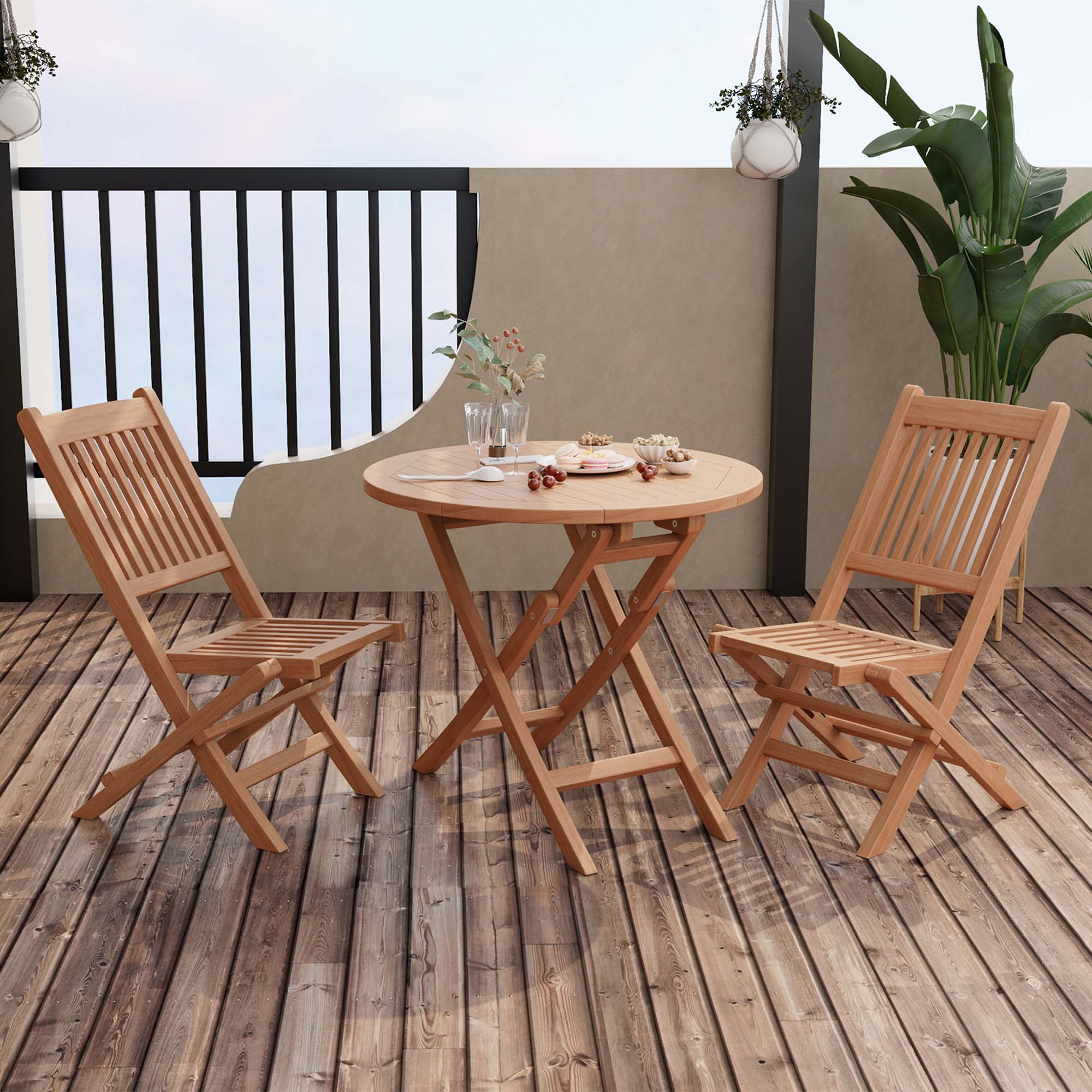 Costway 3pcs Patio Outdoor Teak Wood Bistro Dining Set Folding Chair & Table Slatted