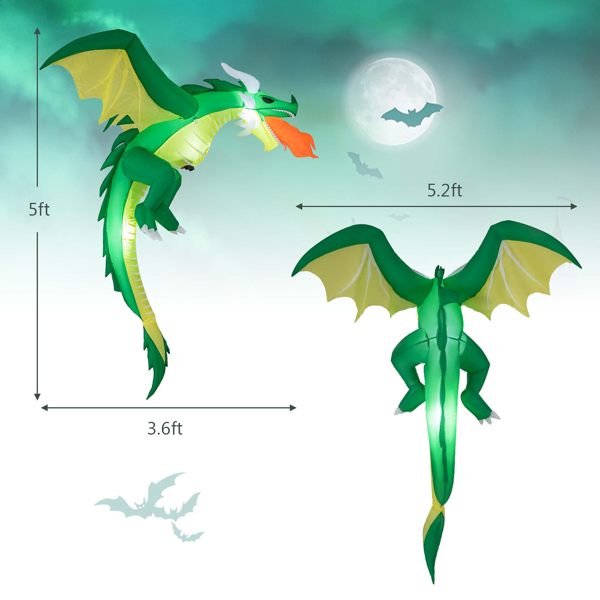 Costway 5 FT Hanging Halloween Inflatable Fire-breathing Dragon Flying Decoration Yard