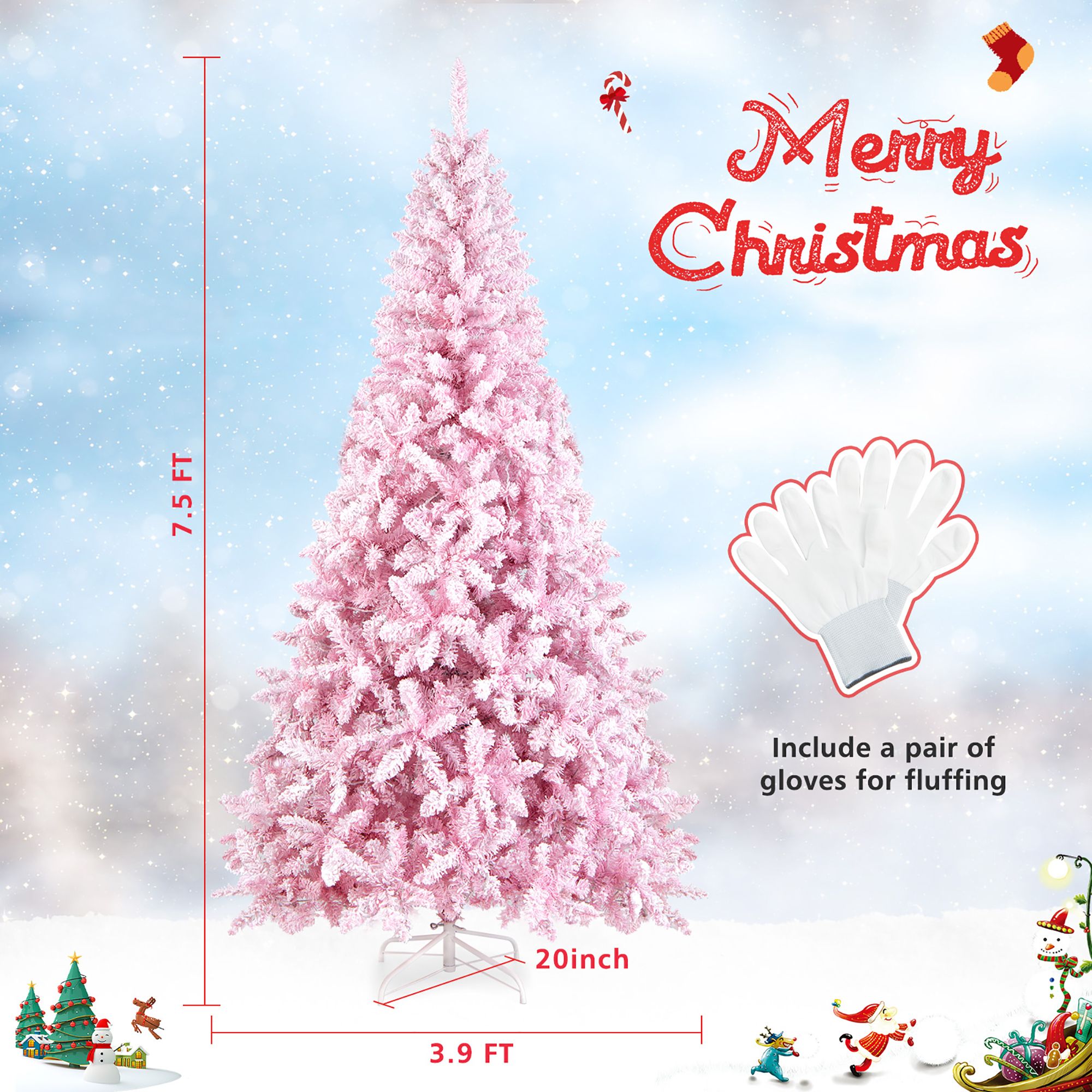 Costway 7.5FT Pre-Lit Snow Flocked Pink Christmas Tree 1100 Tips w/ 450 Lights & 8 Modes