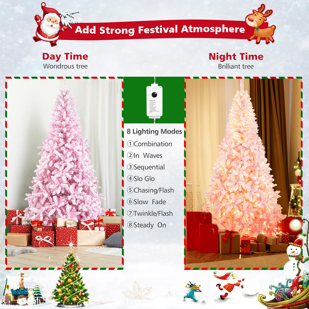 Costway 7.5FT Pre-Lit Snow Flocked Pink Christmas Tree 1100 Tips w/ 450 Lights & 8 Modes