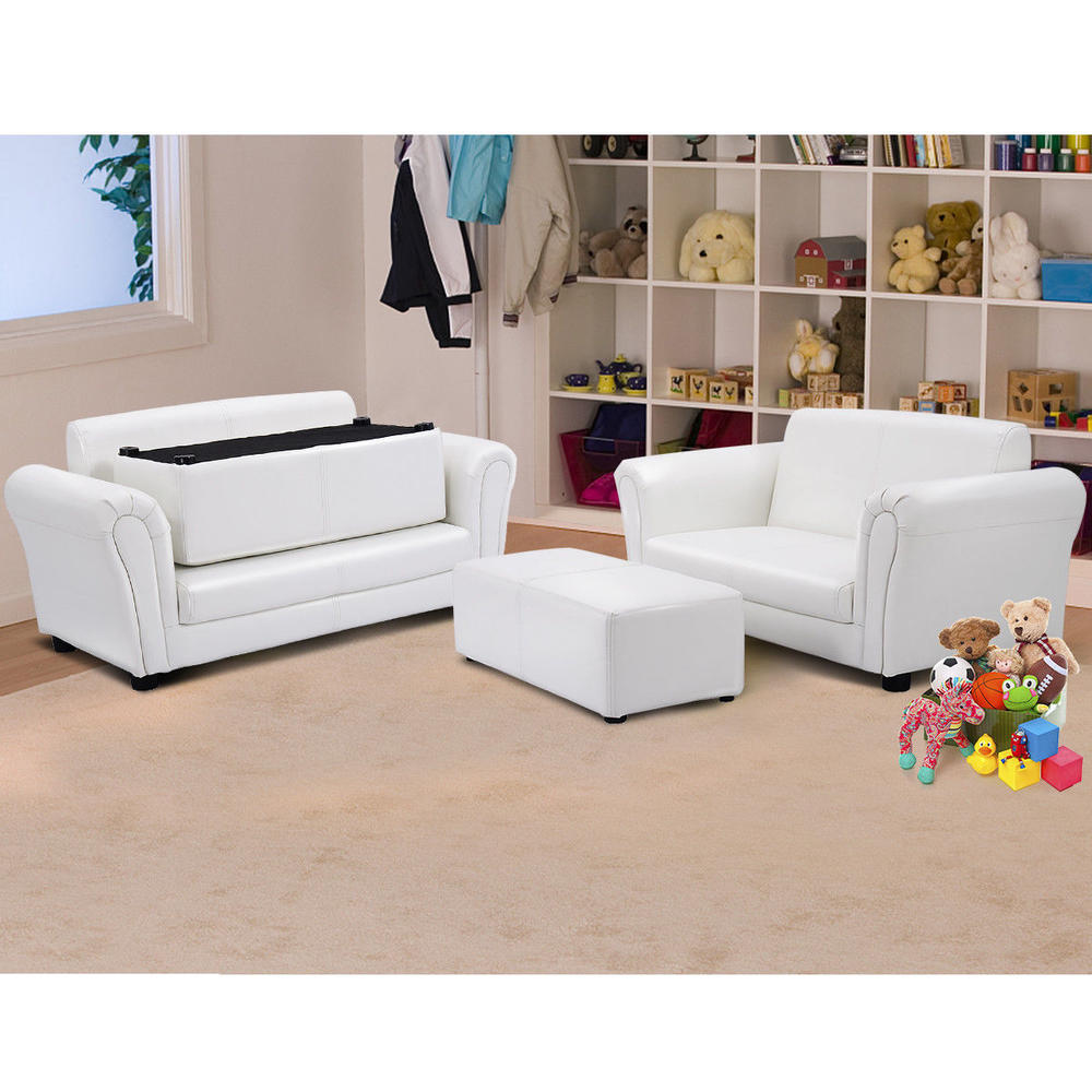 Costway White Kids Sofa Armrest Chair Couch Lounge Children Birthday Gift w/ Ottoman