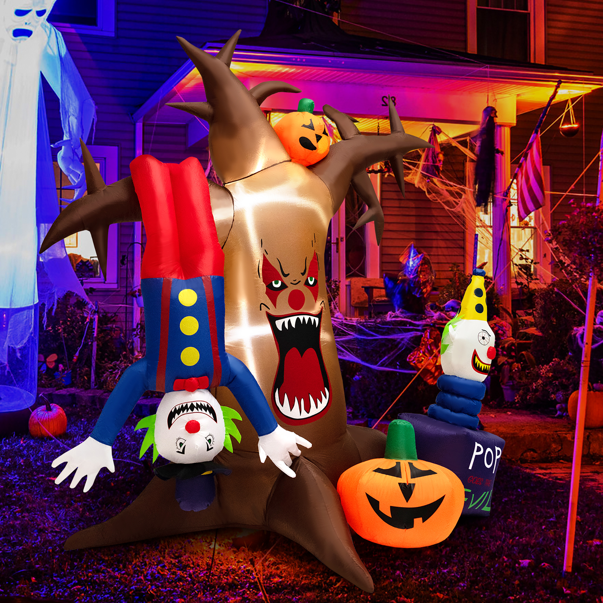 Costway 8 FT Halloween Inflatable Tree Giant Blow-up Spooky Dead Tree with Pop-up Clowns