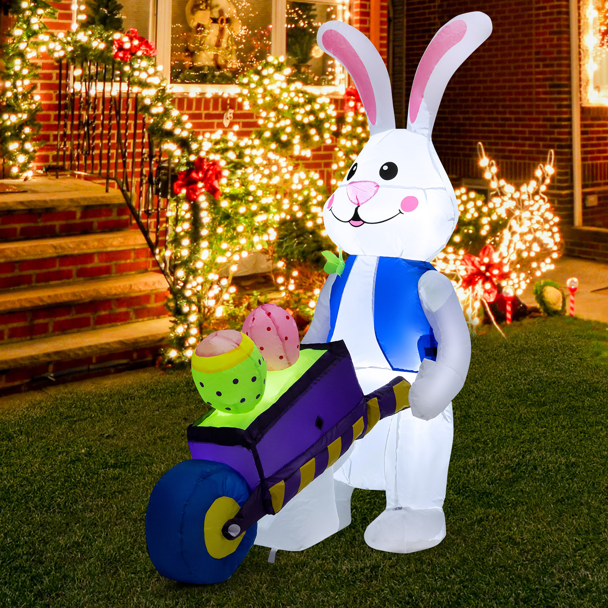 Costway 4FT Inflatable Easter Bunny with Pushing Cart Blowup Holiday Rabbit Decoration