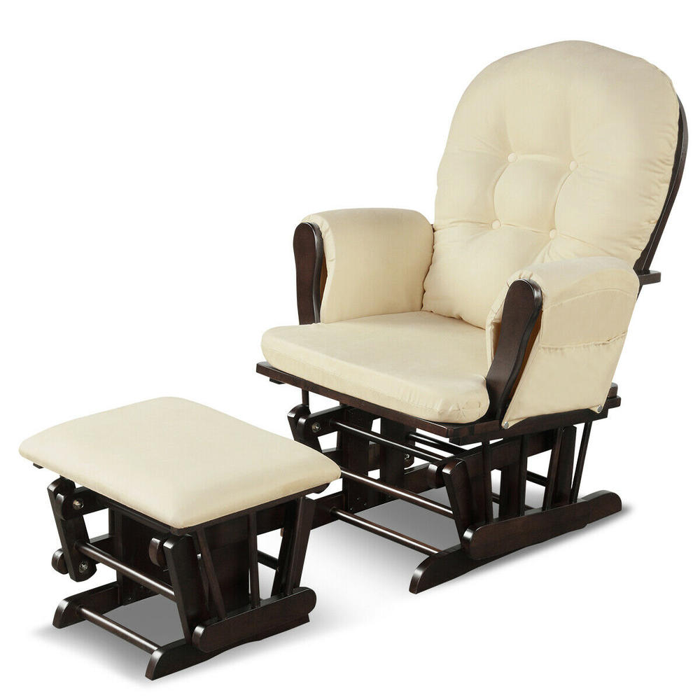 Costway Glider and Ottoman Cushion Set Wood Baby Nursery Rocking Chair Beige