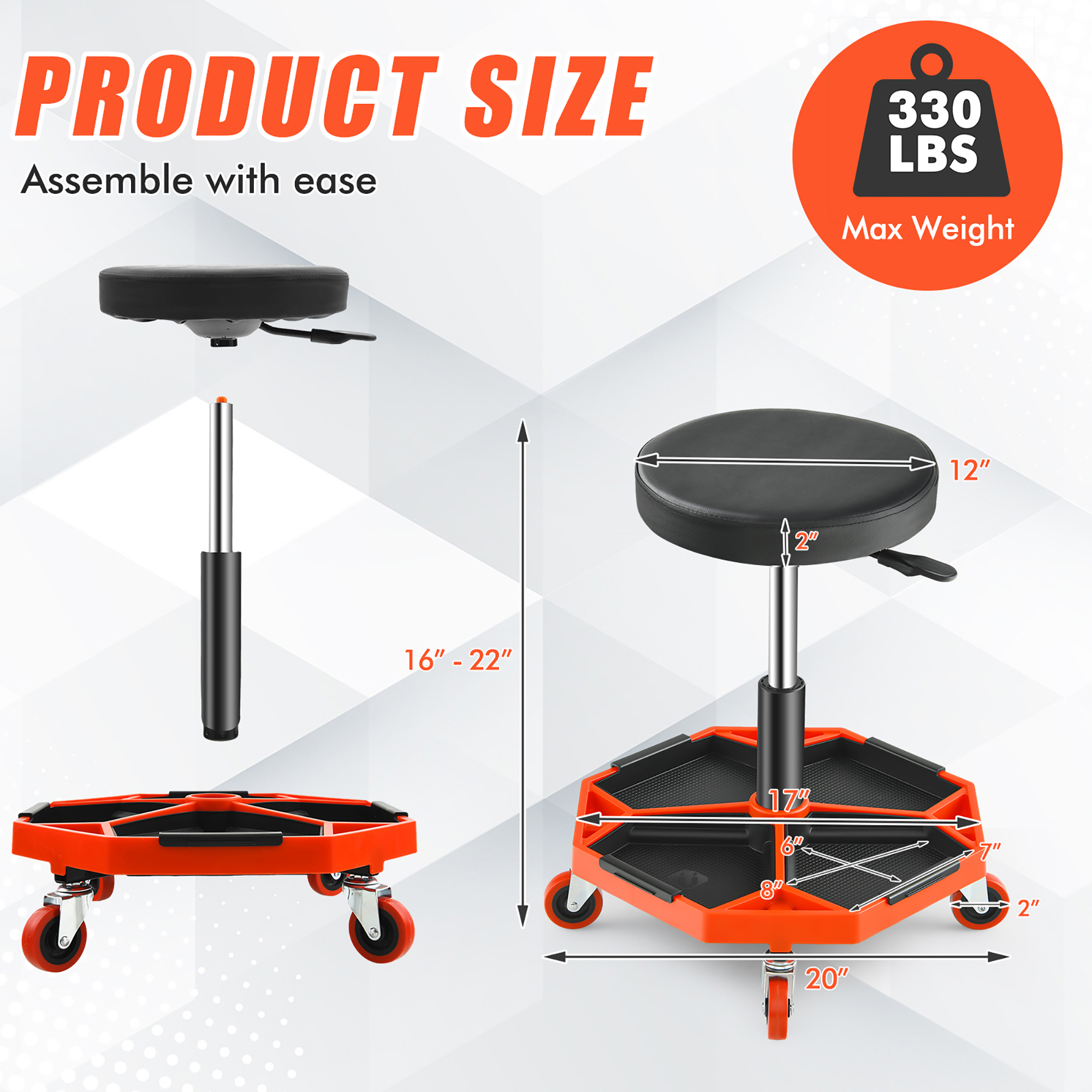 Costway Heavy-Duty Adjustable Height Rolling Stool withTool Tray Storage 330 LBS Capacity